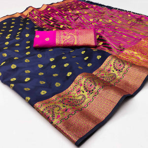 Navy Blue Woven Jacquard Saree With Tassels
