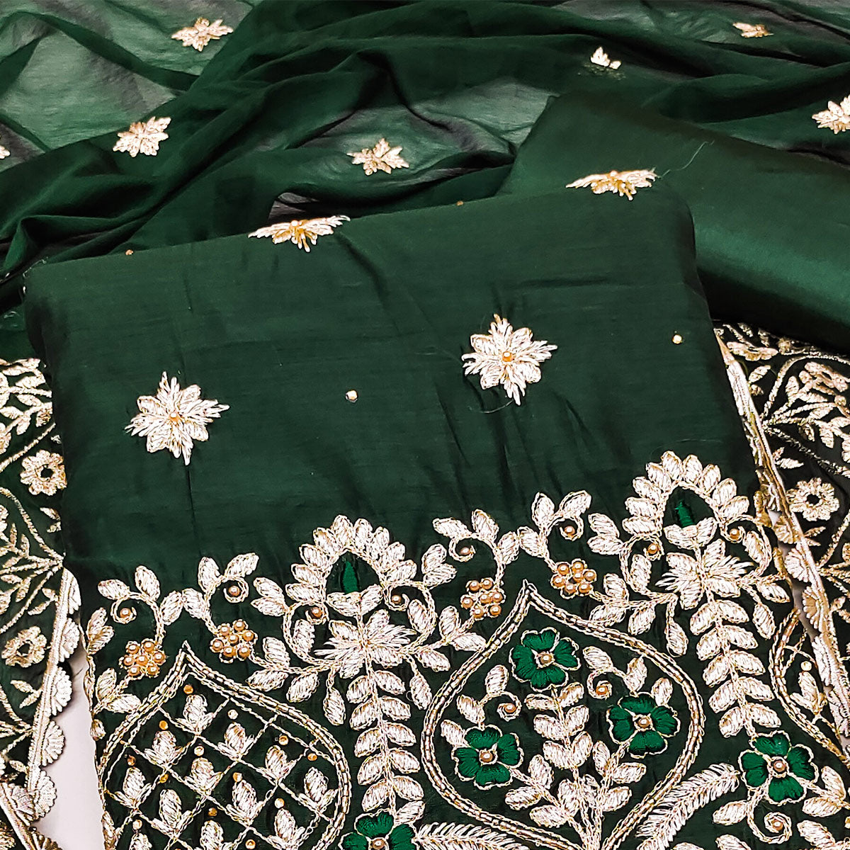 Green Floral Embroidered Modal Dress Material