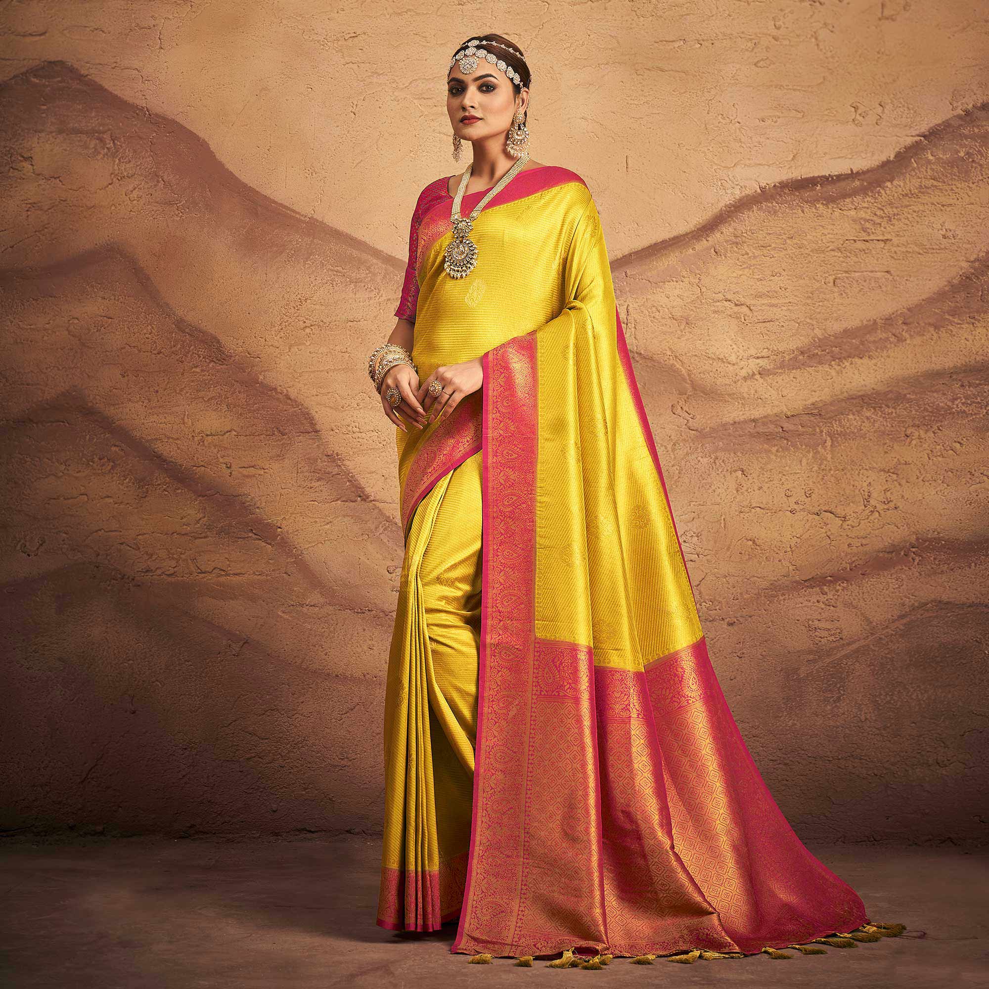 Lemon Yellow Woven Art Silk Saree With Tassels