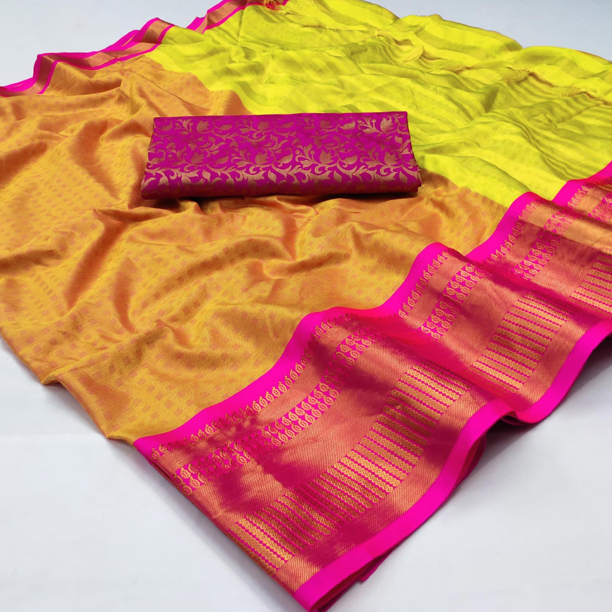 Lemon Green Woven Cotton Silk Saree With Tassels