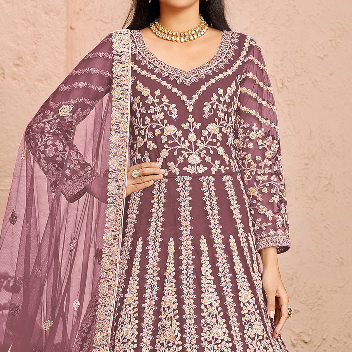 Dusty Pink Floral Embroidered Net Gown