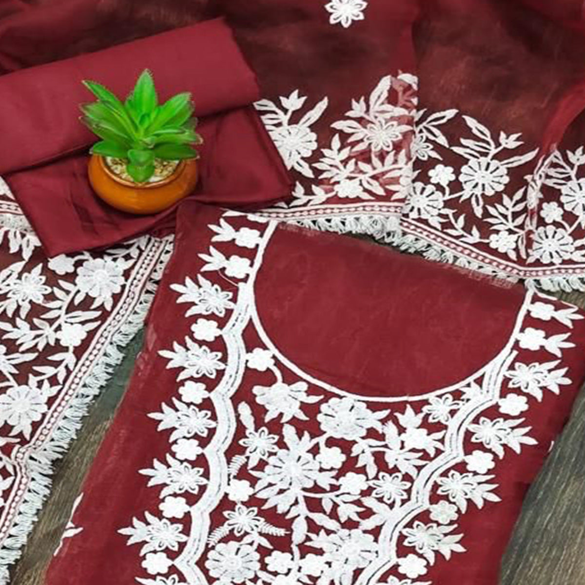 Maroon Floral Embroidered Organza Dress Material