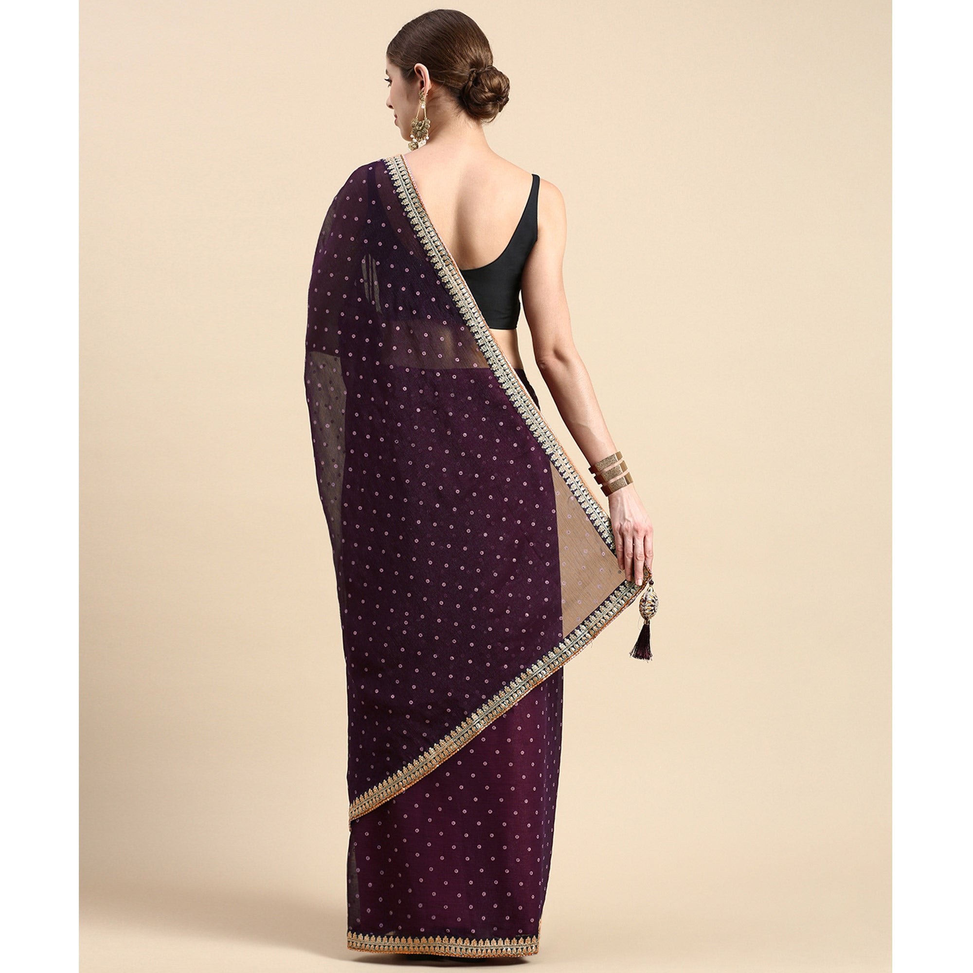 Purple Foil Printed With Embroidered Border Chiffon Saree