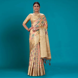 Multicolor Woven Organza Saree With Tassels