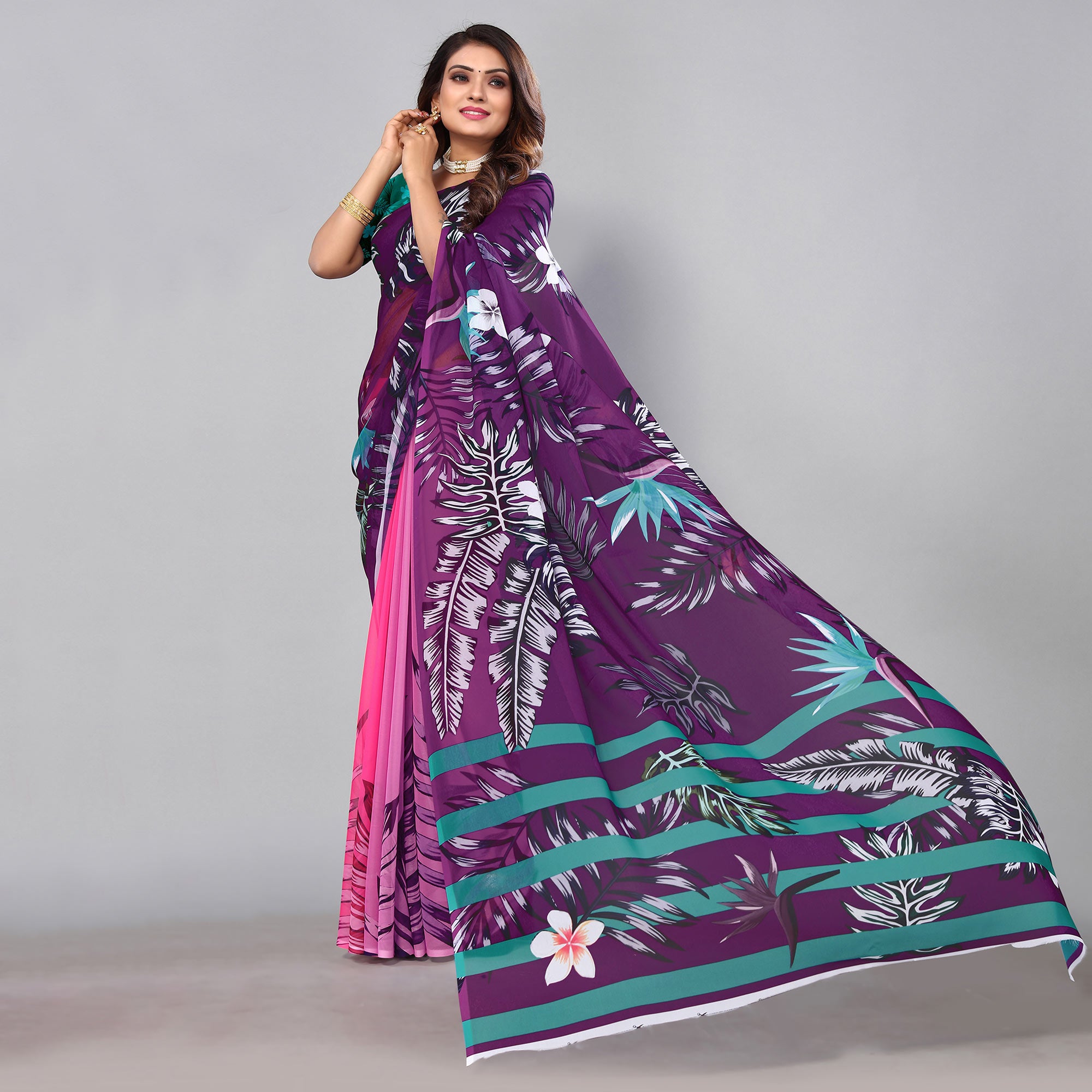 Purple Digital Printed Georgette Saree