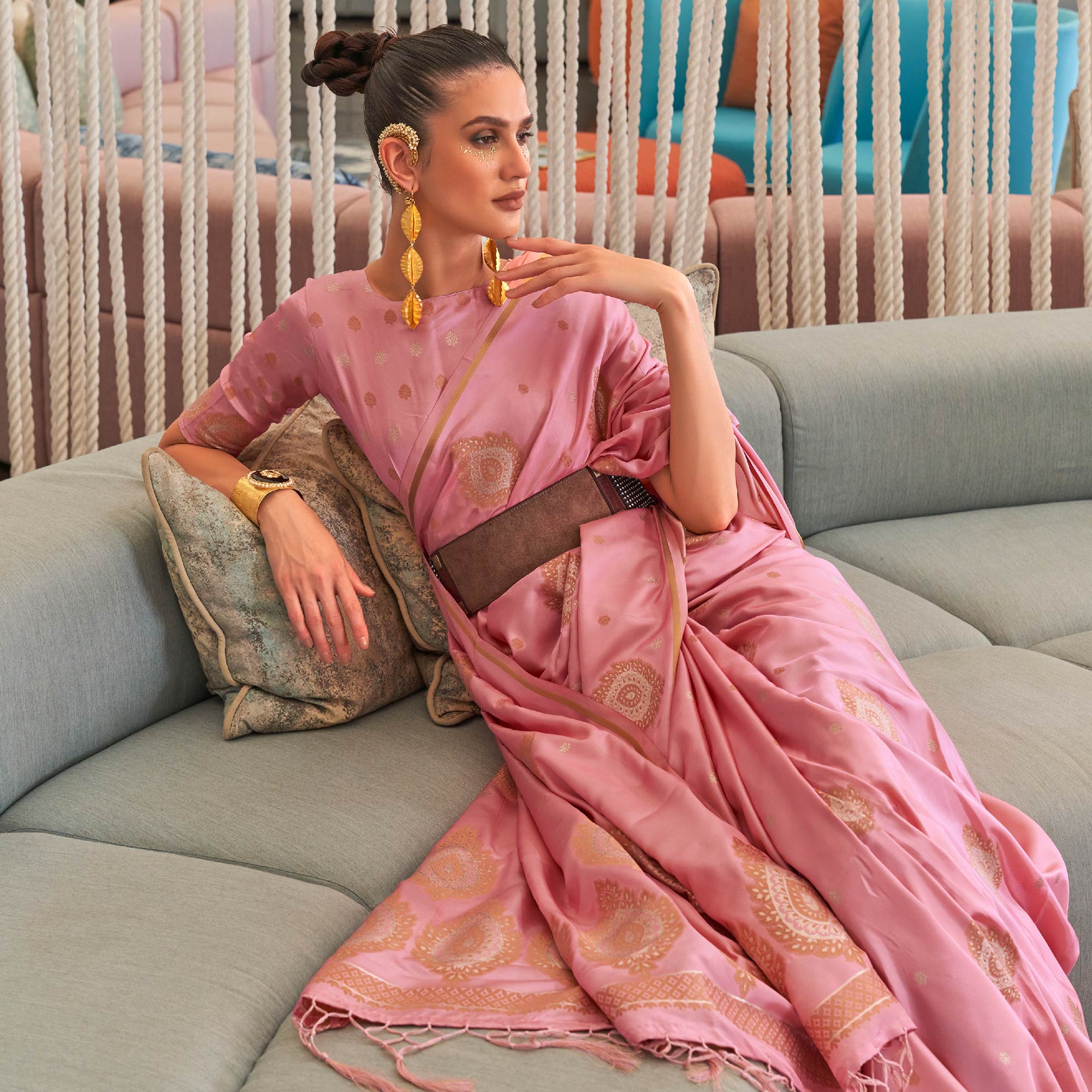 Pink Woven Satin Saree With Tassels