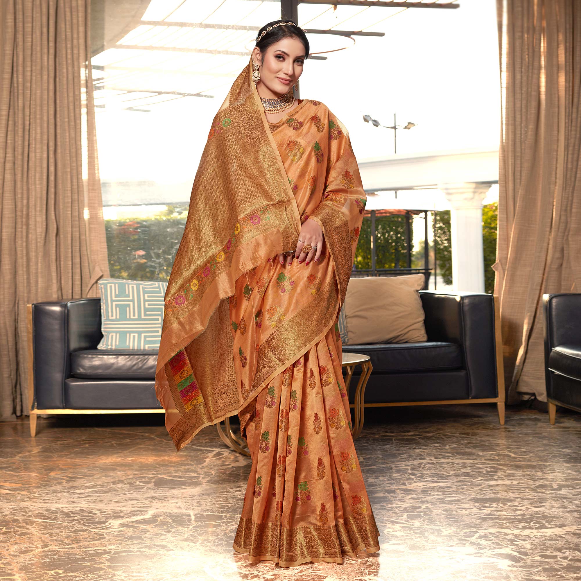 Peach Floral Woven Organza Saree