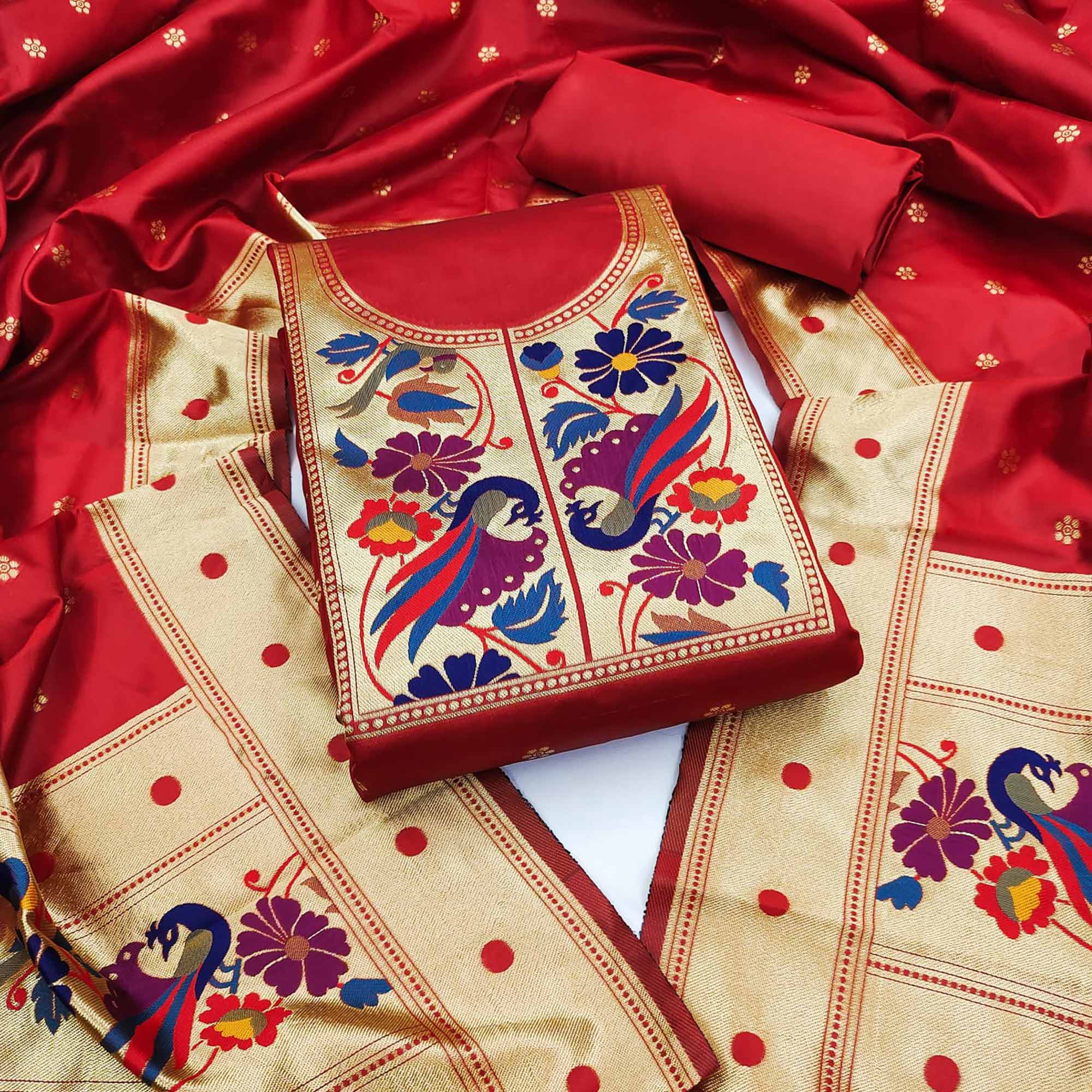 Red Woven Banarasi Silk Paithani Dress Material