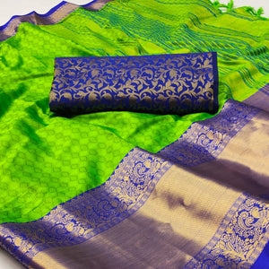 Parrot Green Woven Cotton Silk Saree With Tassels