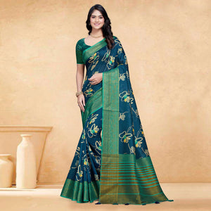 Blue Floral Digital Printed Tussar Silk Saree