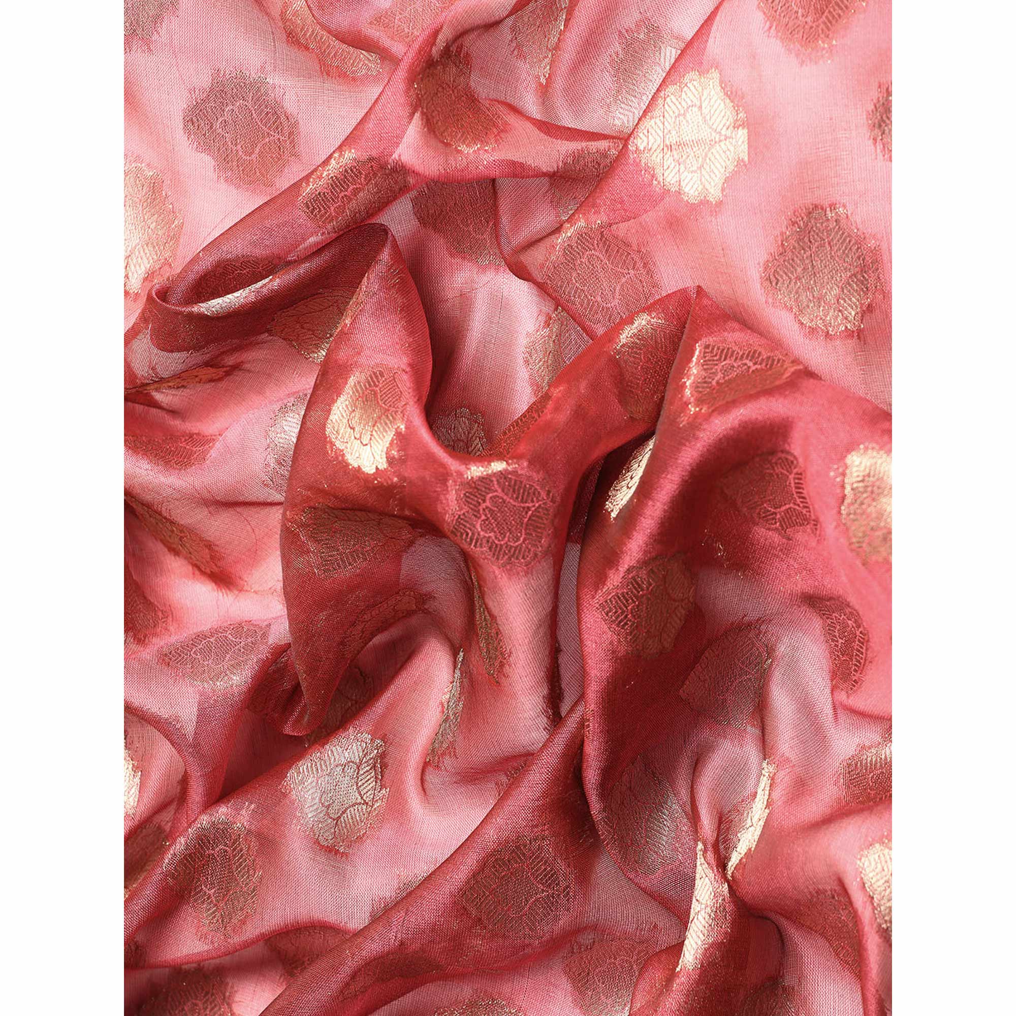Pink Woven Organza Silk Saree With Tassels