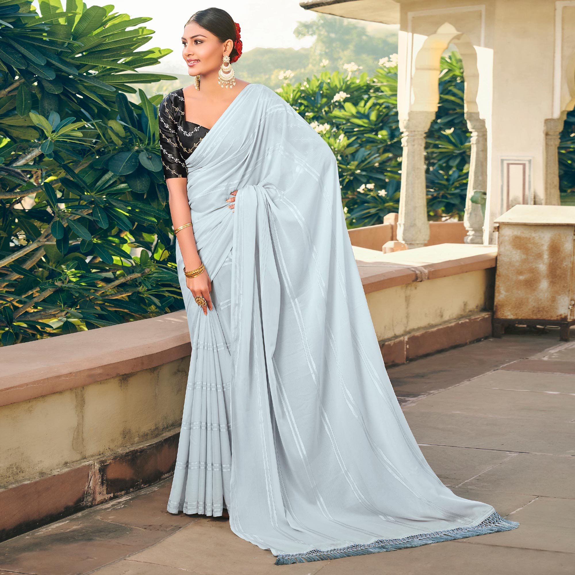 Light Grey Printed Georgette Saree With Tassels