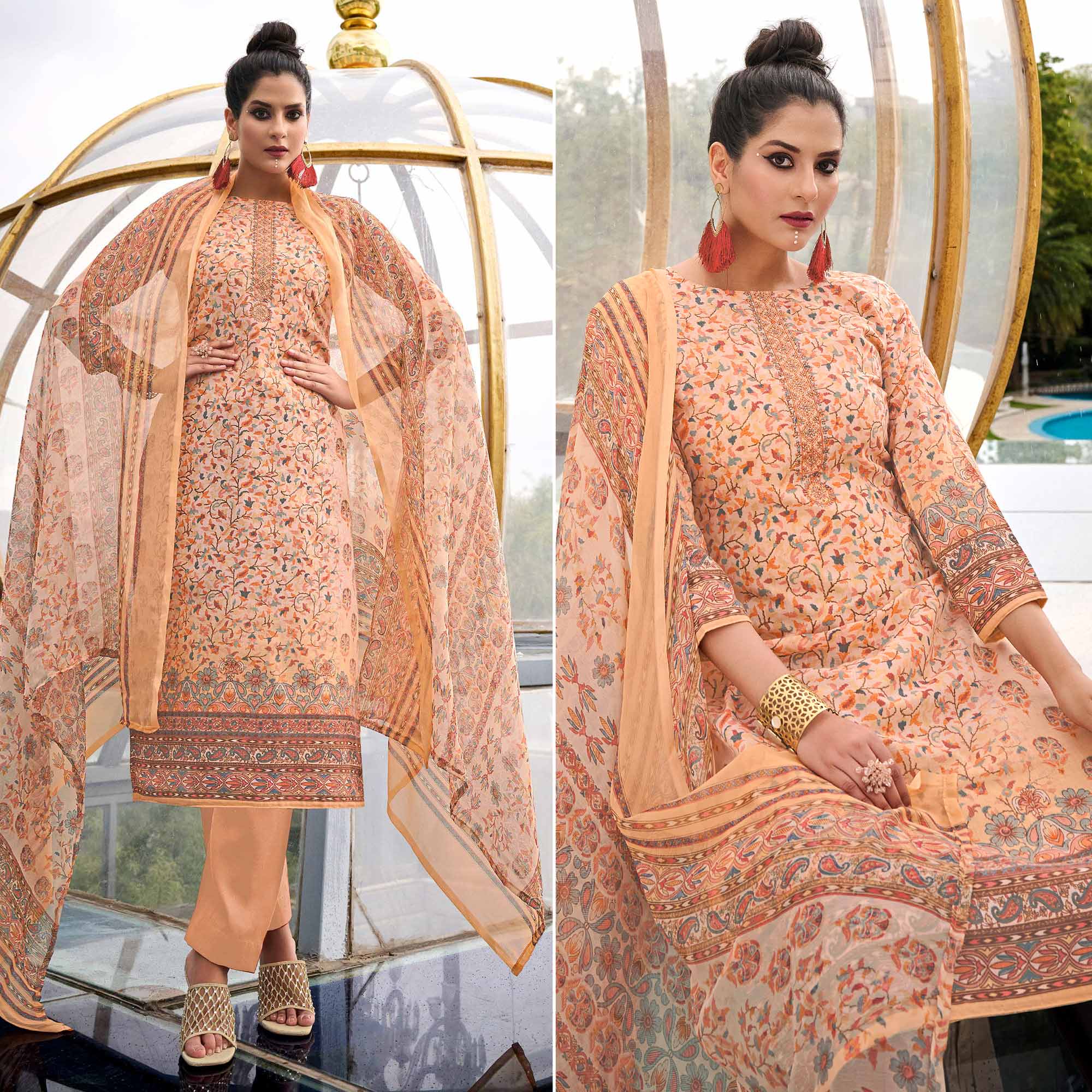 Peach Printed With Embroidered Pure Cotton Salwar Suit