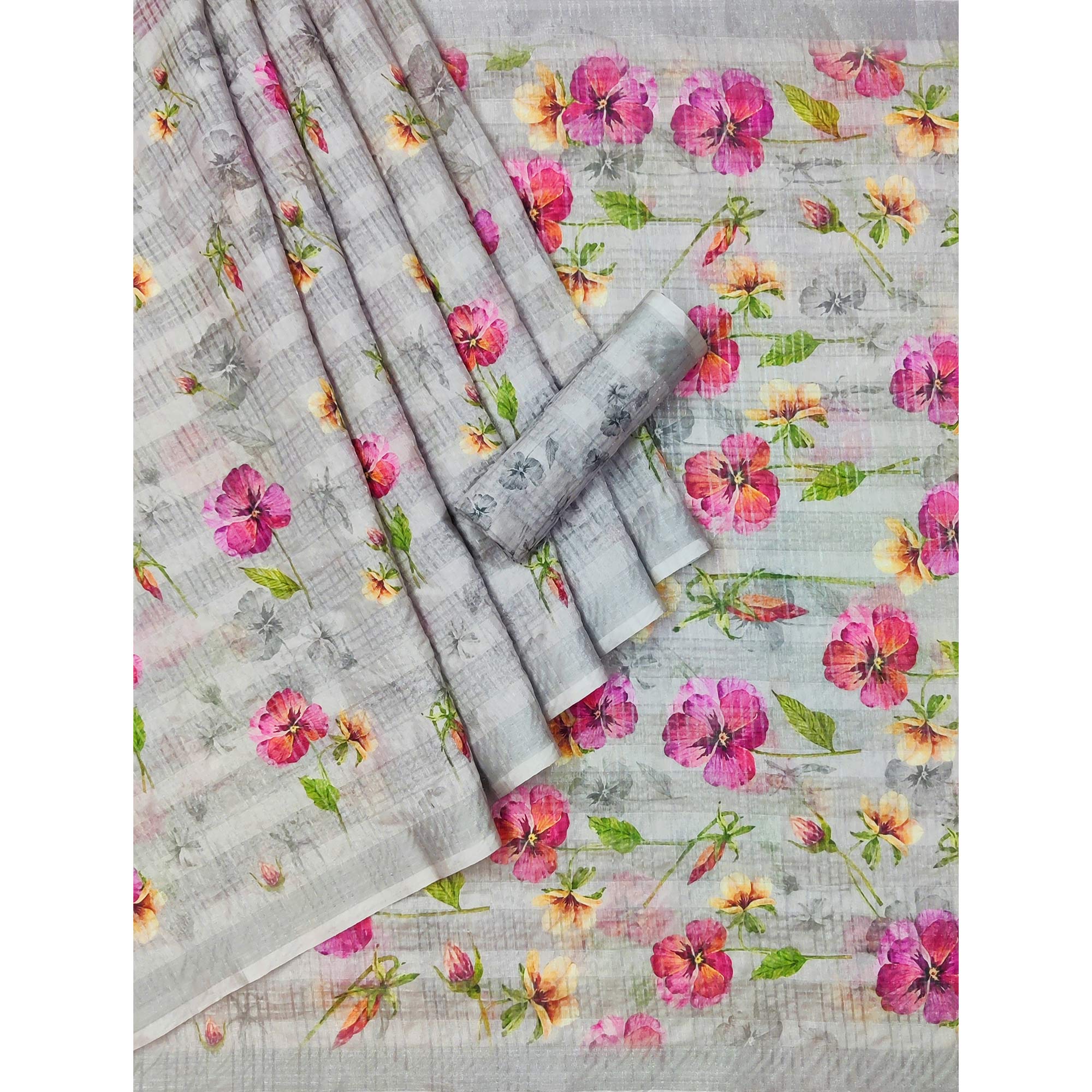 Grey Floral Digital Printed Cotton Silk Saree