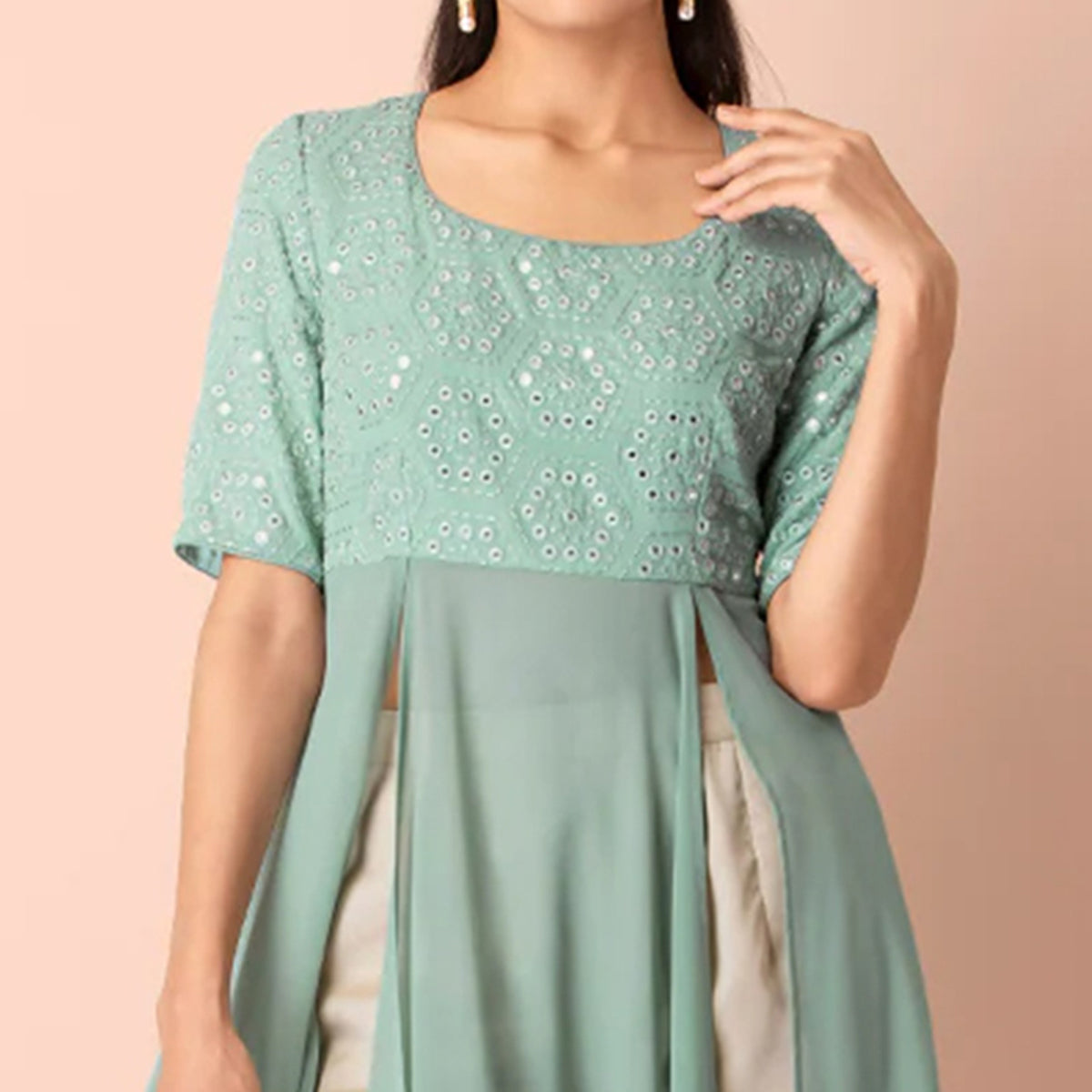 Light Sea Green Mirror Embroidered Georgette Kurti