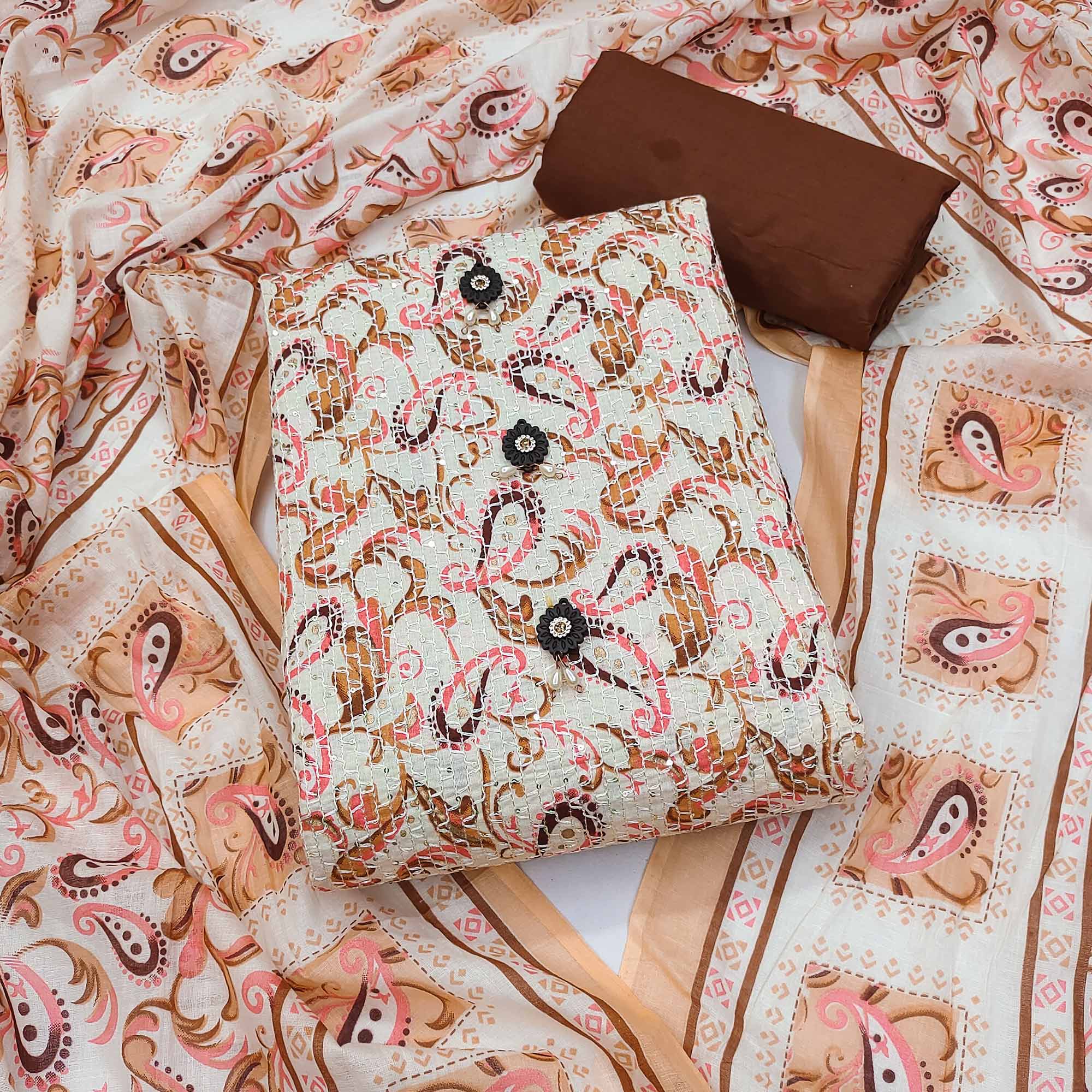 Cream-Brown Printed & Embroidered Pure Cotton Dress Material