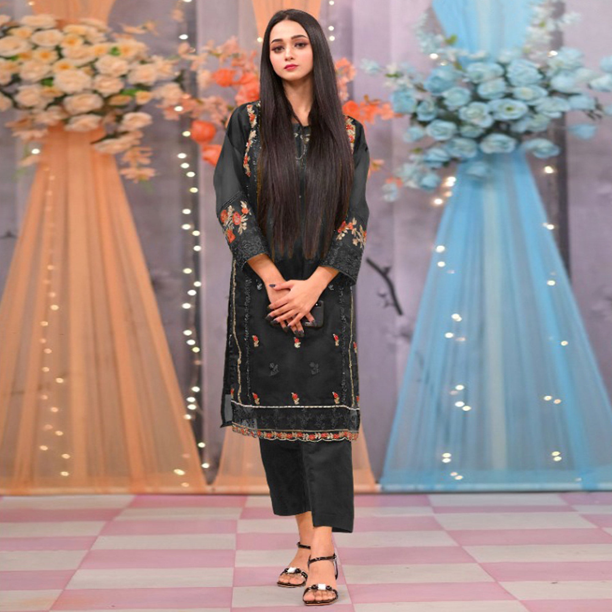 Black Sequins Embroidered Organza Pakistani Suit