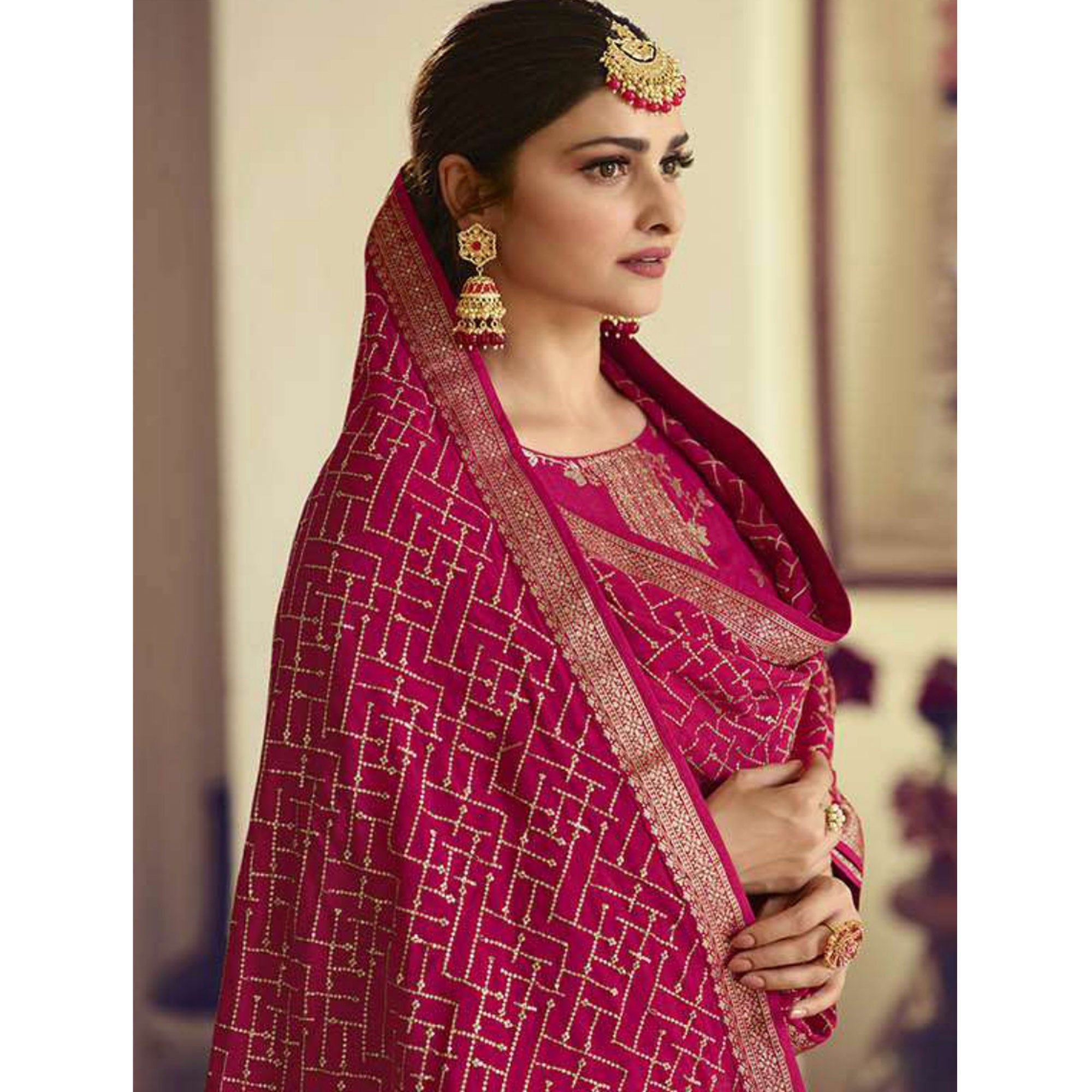Rose Pink Embroidered Dola Silk Palazzo Suit