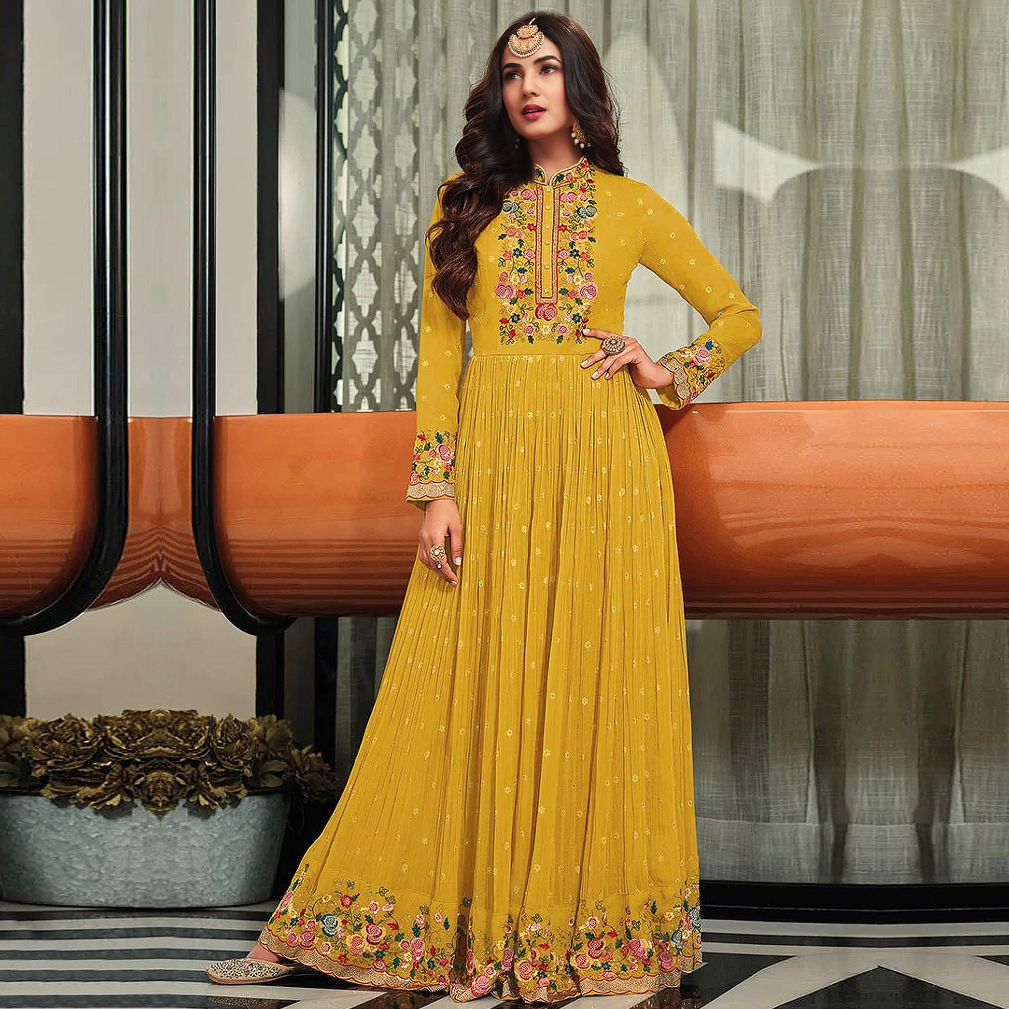 Yellow Embroidered Georgette Gown