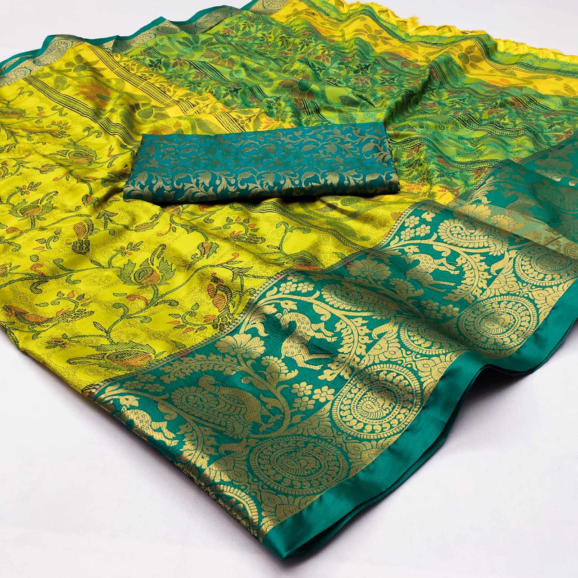 Lemon Green Printed With Woven Border Cotton Silk Saree
