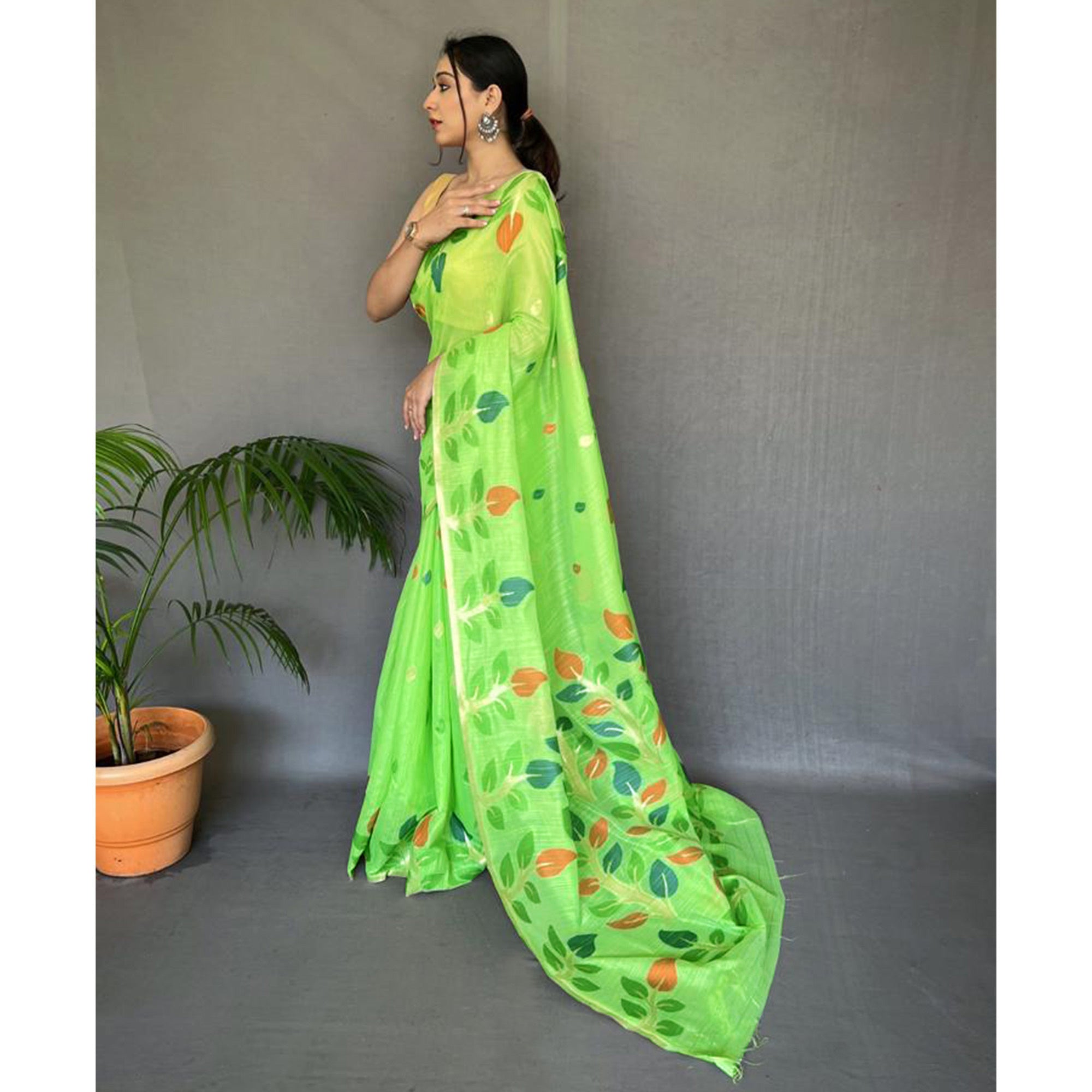 Pista Green Floral Woven Cotton Saree