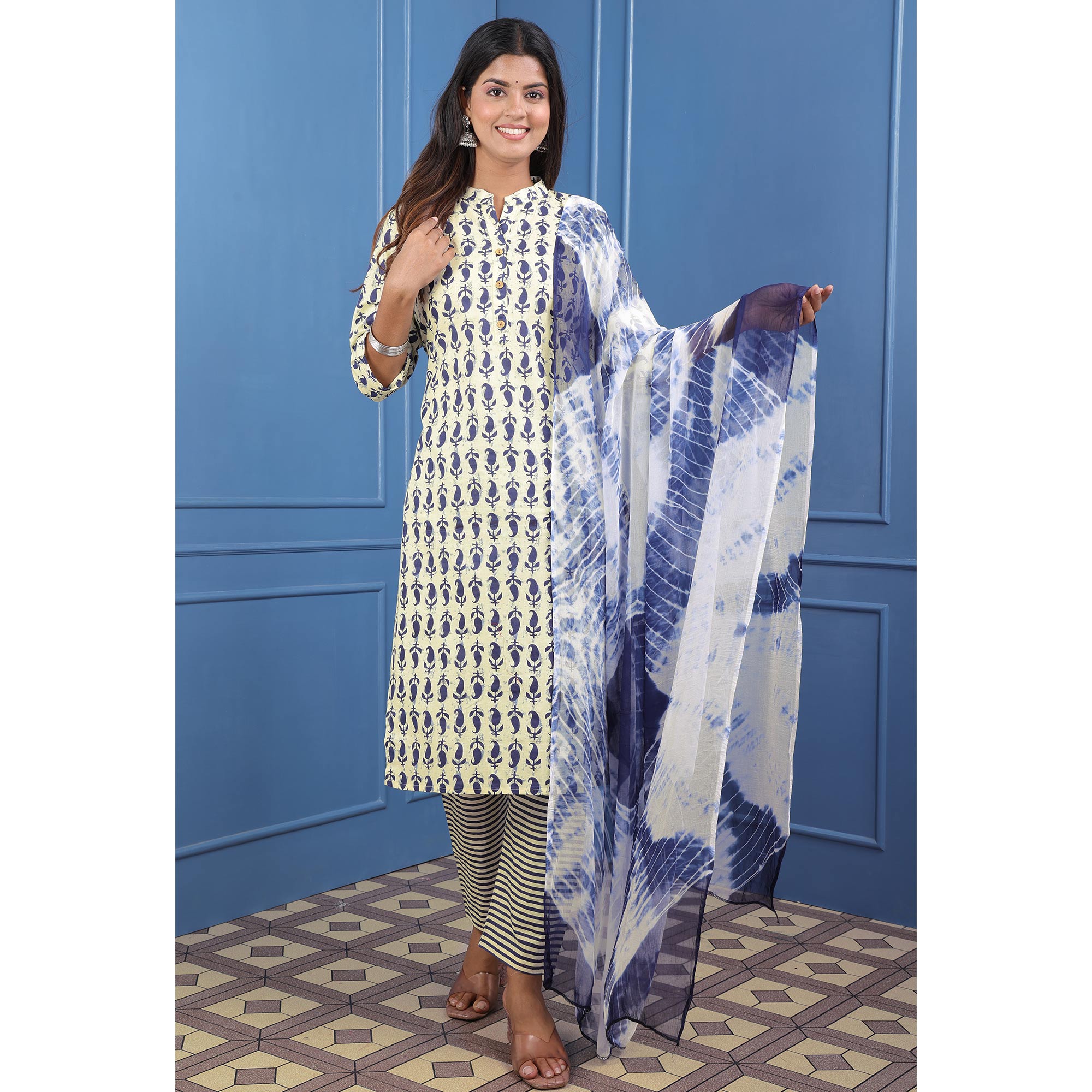 Cream Blue Floral Printed Pure Cotton Suit