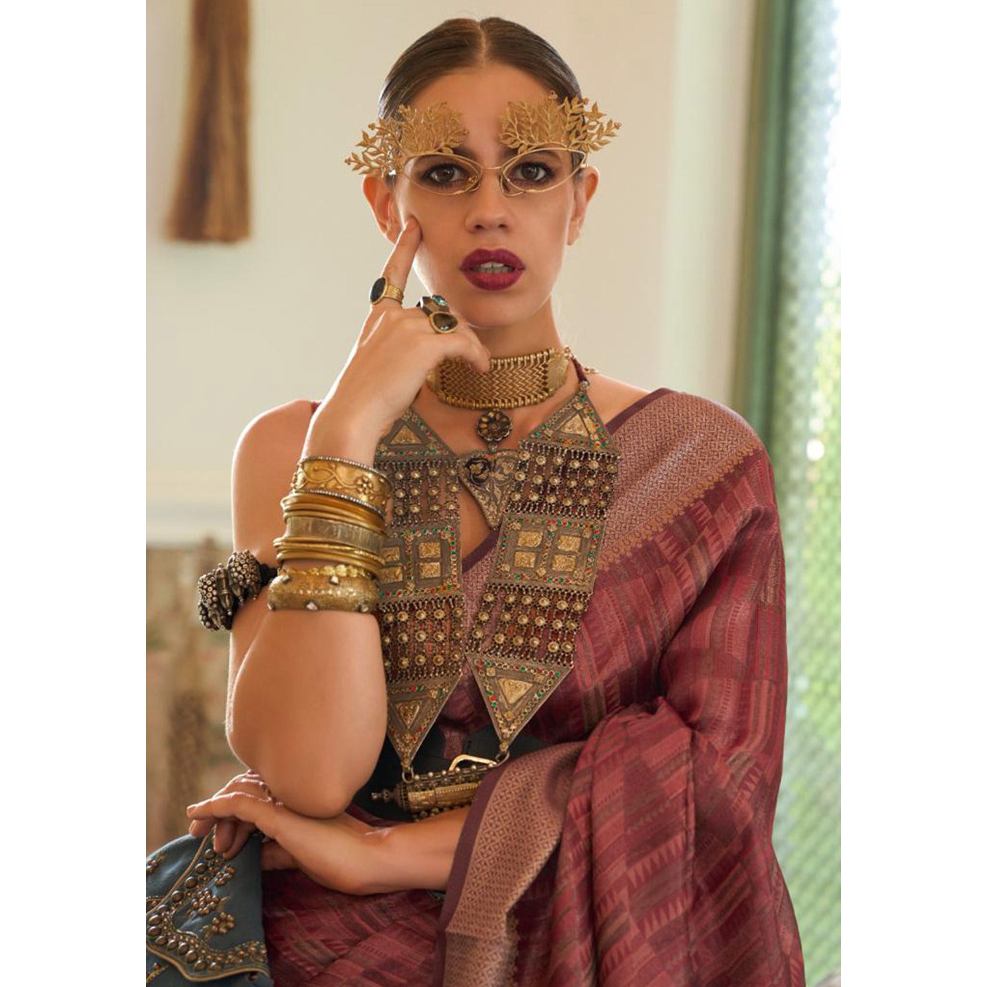 Brown Woven Organza Saree With Tassels