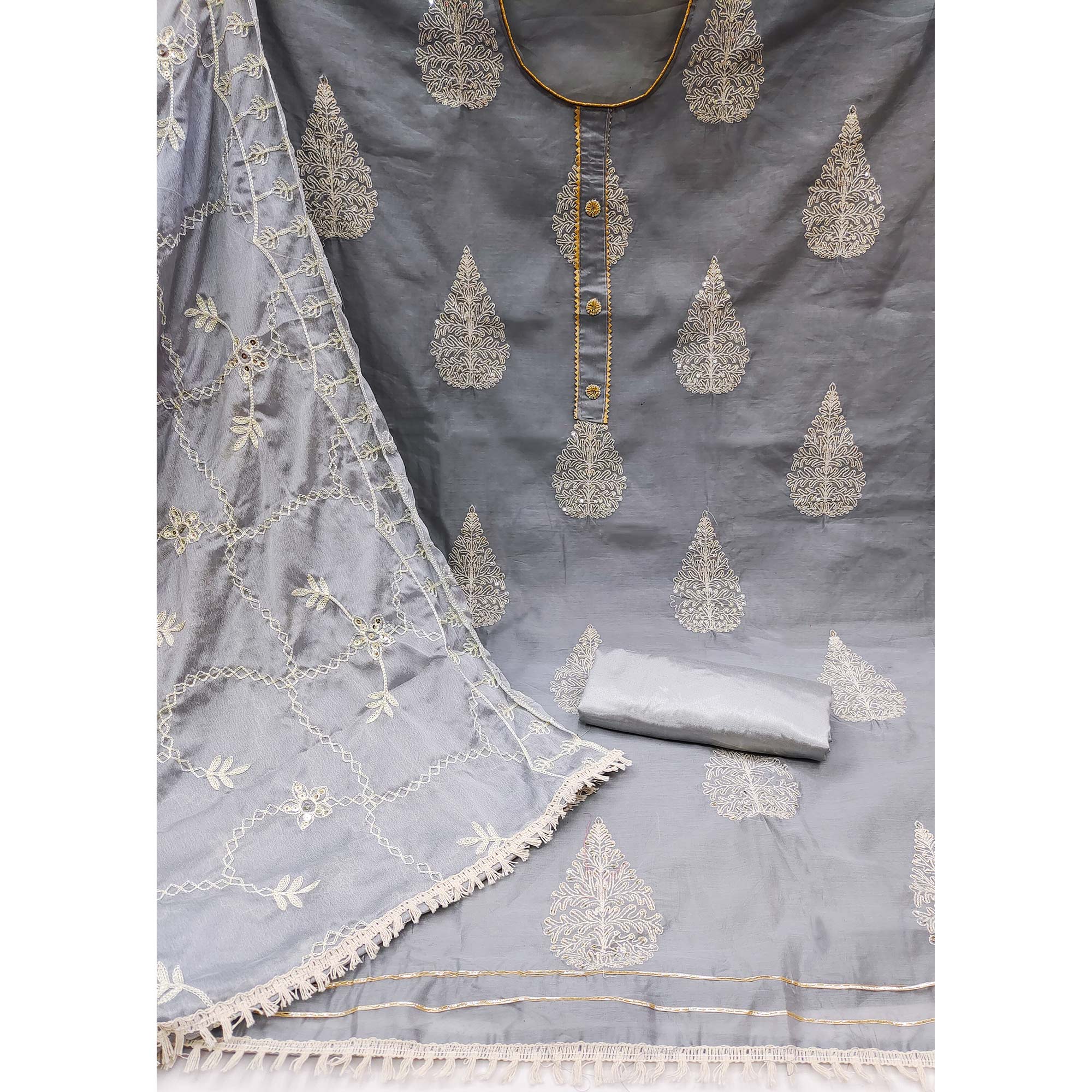 Grey Embroidered Chanderi Dress Material