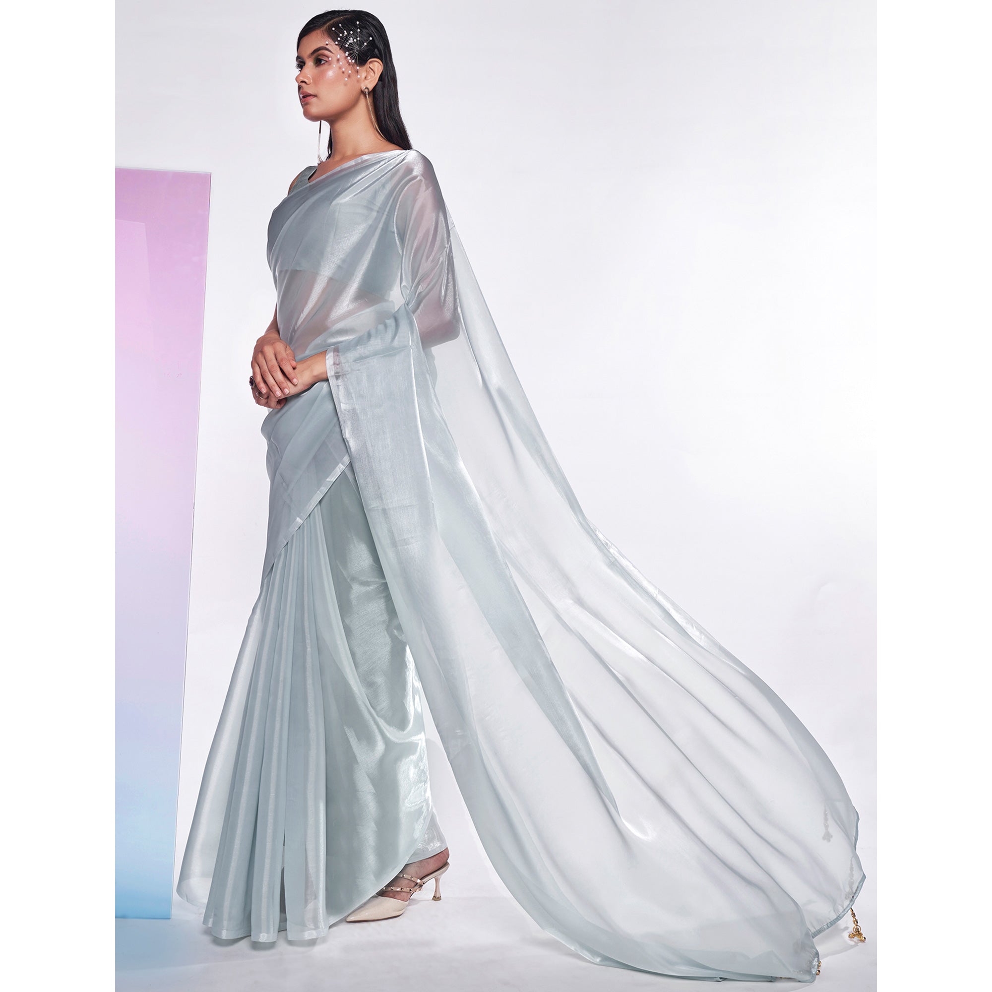 Grey Solid Organza Saree With Tassels