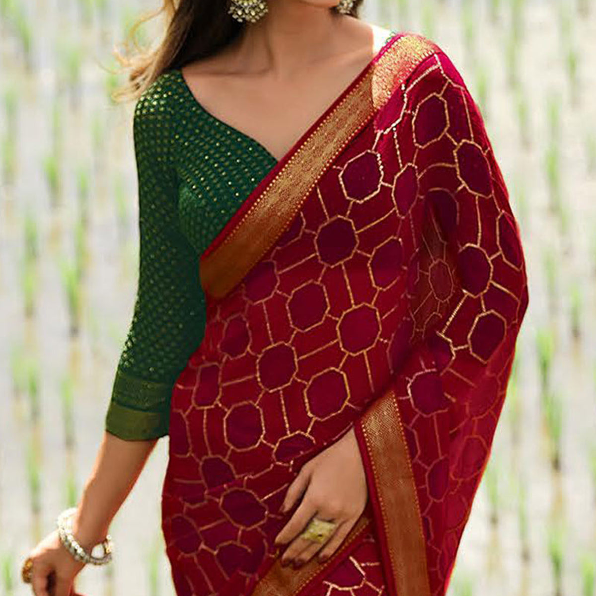 Dark Rani & Red Foil Printed Chiffon Saree