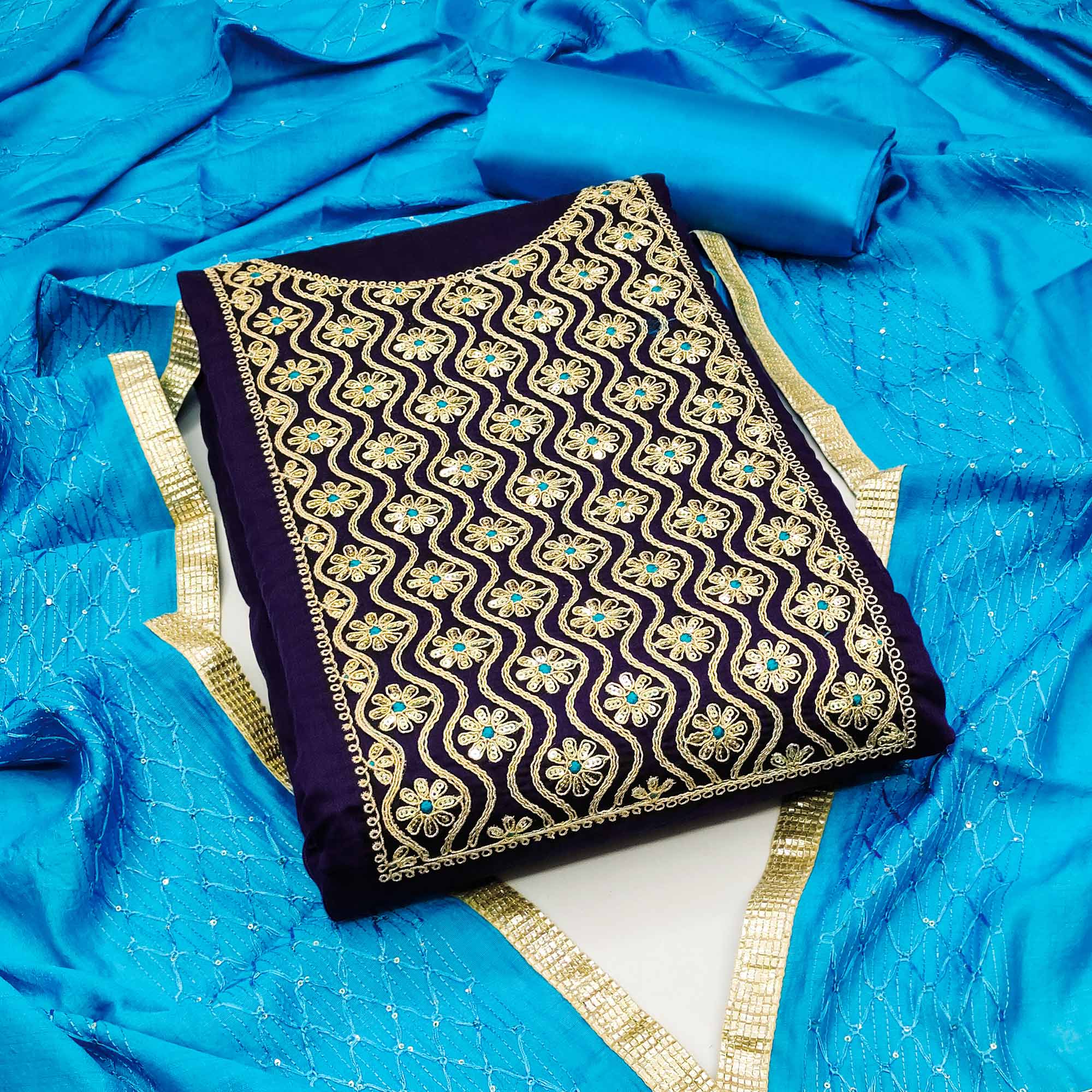 Navy Blue Sequins Floral Embroidered Modal Dress Material