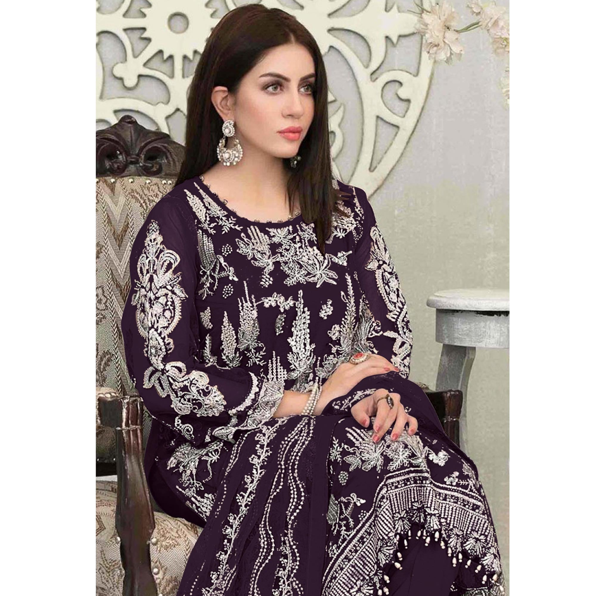 Purple Floral Embroidered Georgette Pakistani Suit