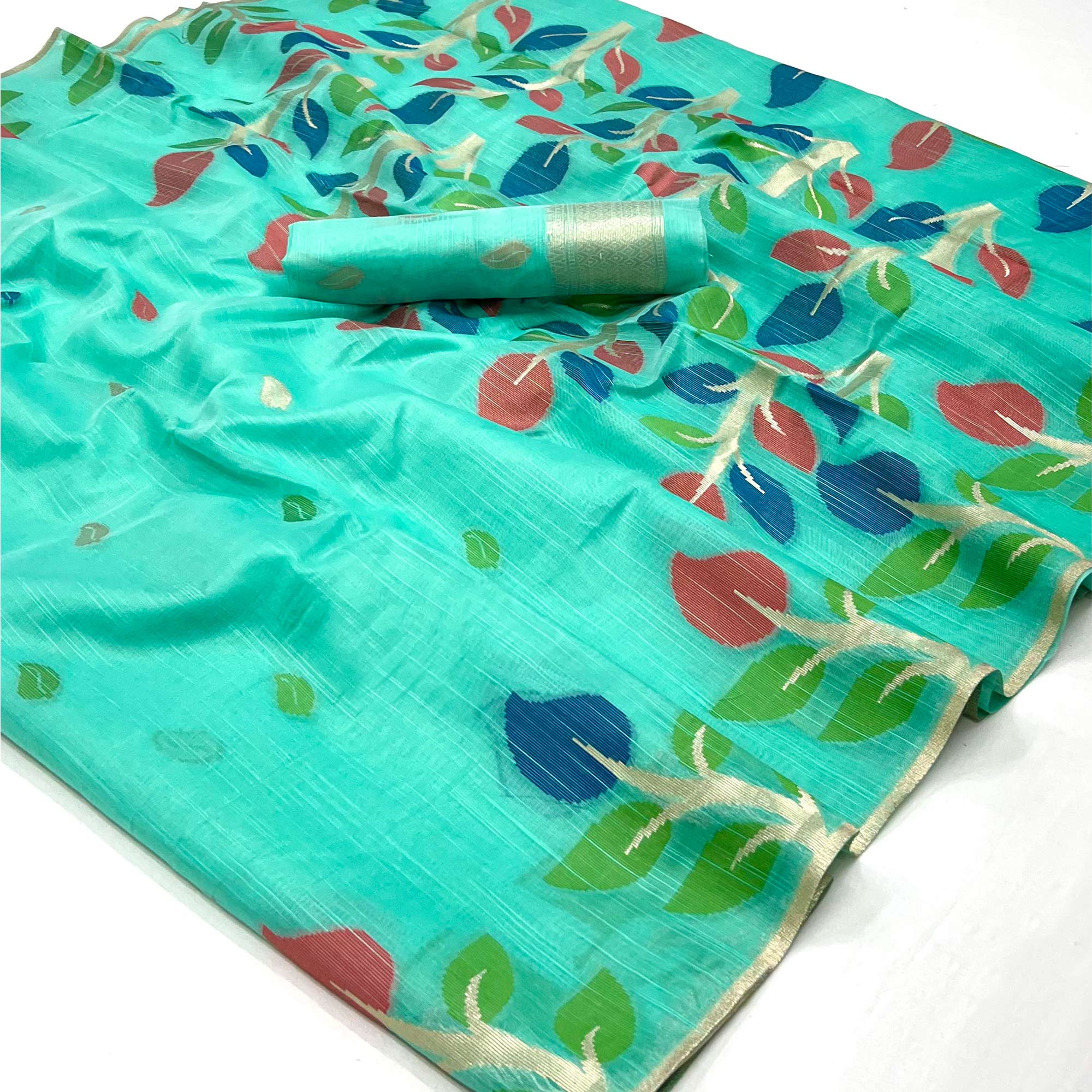 Rama Green Floral Woven Cotton Saree