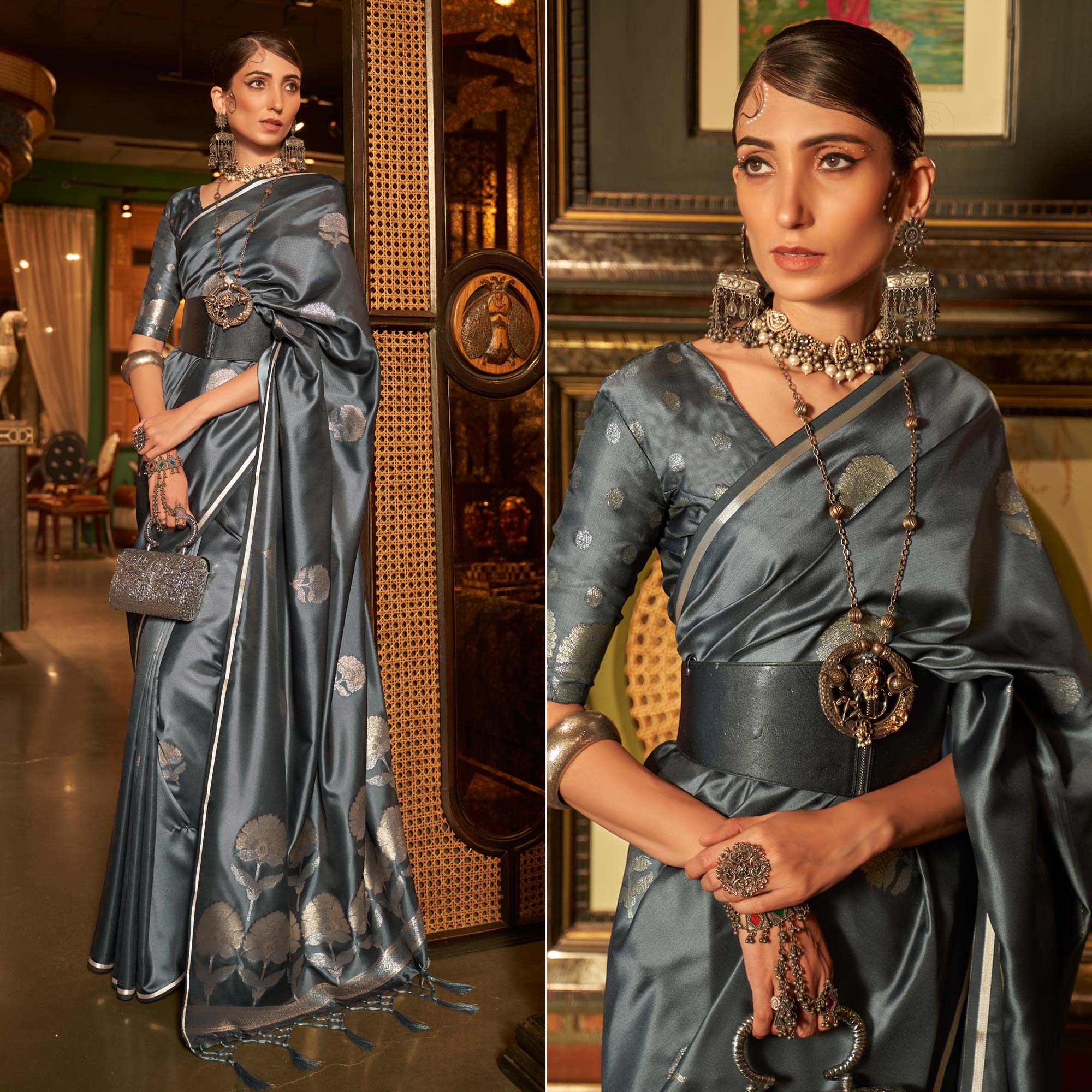 Grey Floral Woven Satin Saree With Tassels