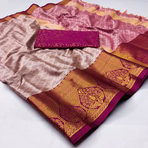 Baby Pink Woven Cotton Silk Saree With Tassels