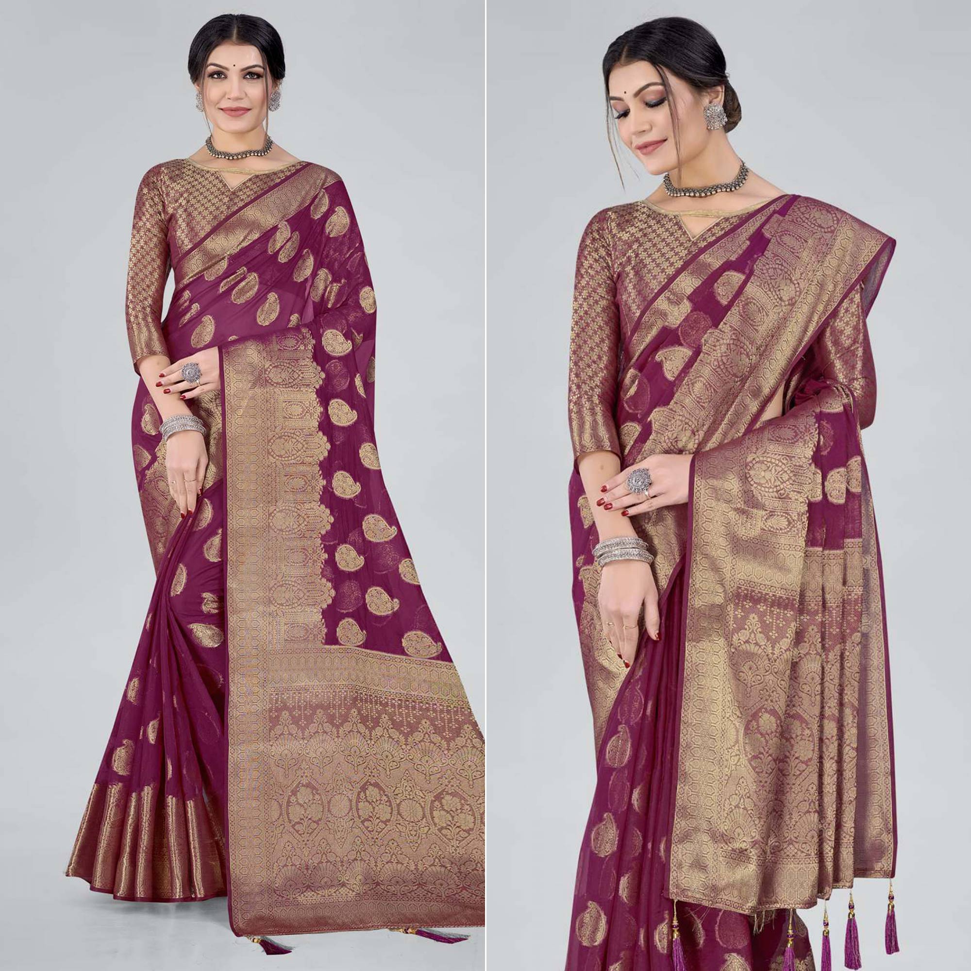 Purple Woven Organza Saree With Tassels