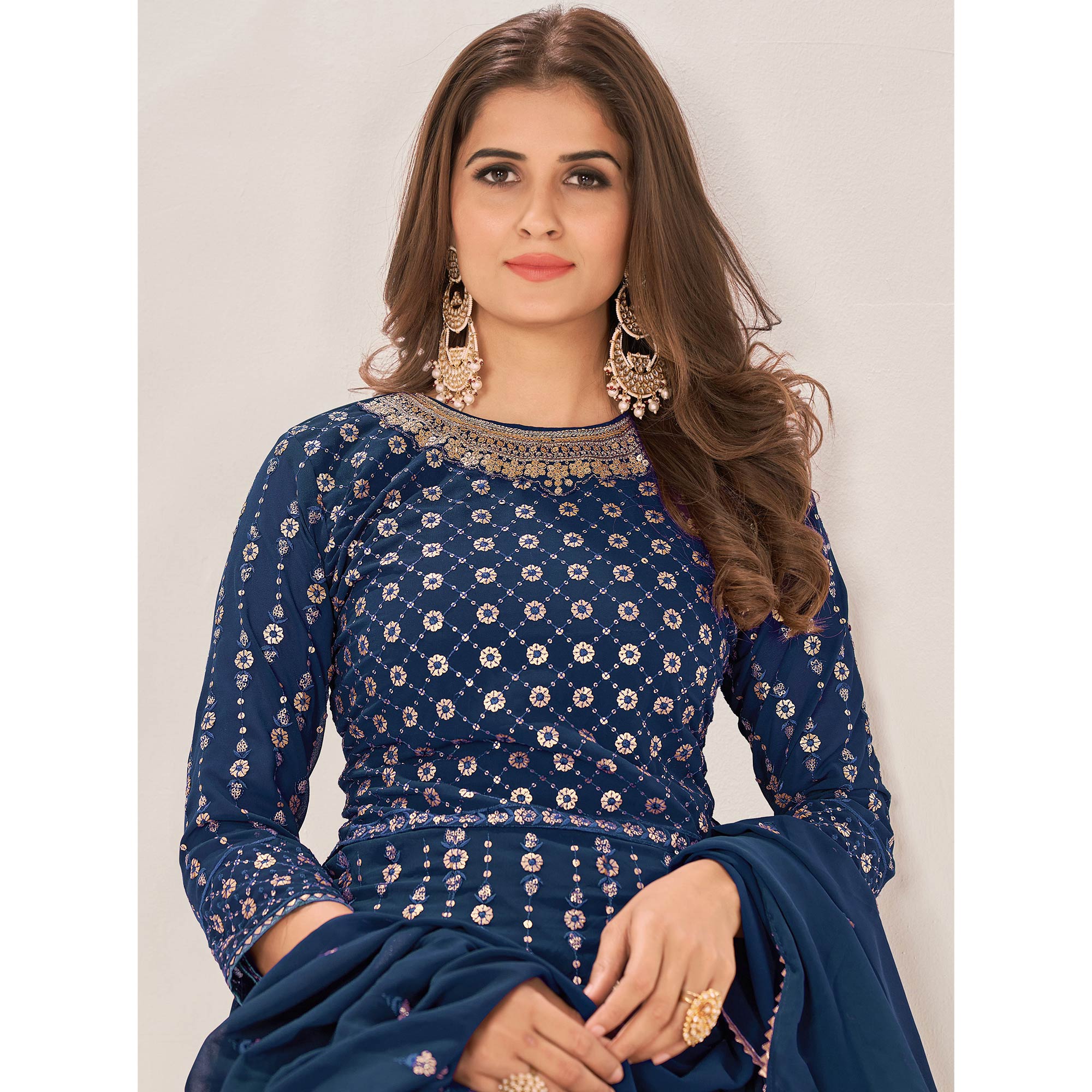 Blue Sequins Embroidered Georgette Sharara Suit