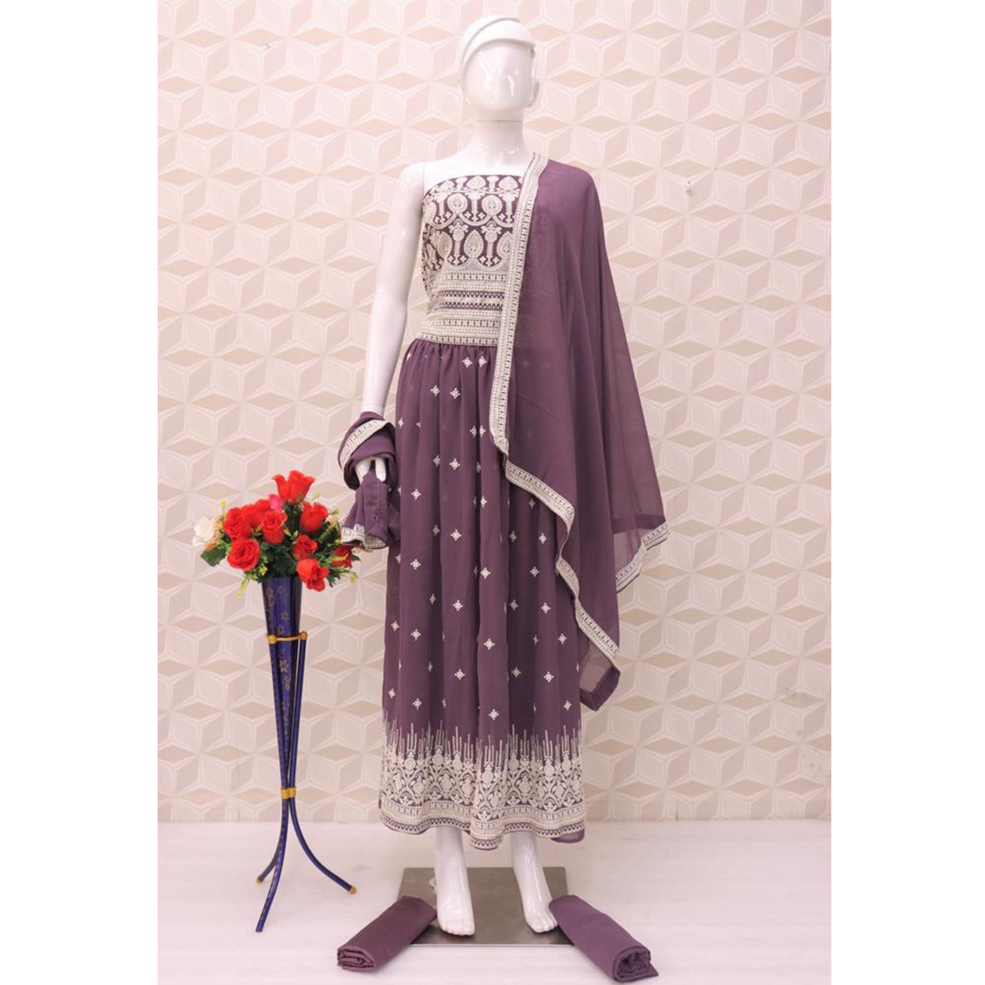 Plum Purple Sequins Embroidered Georgette Semi Stitched Naira Cut Palazzo Suit