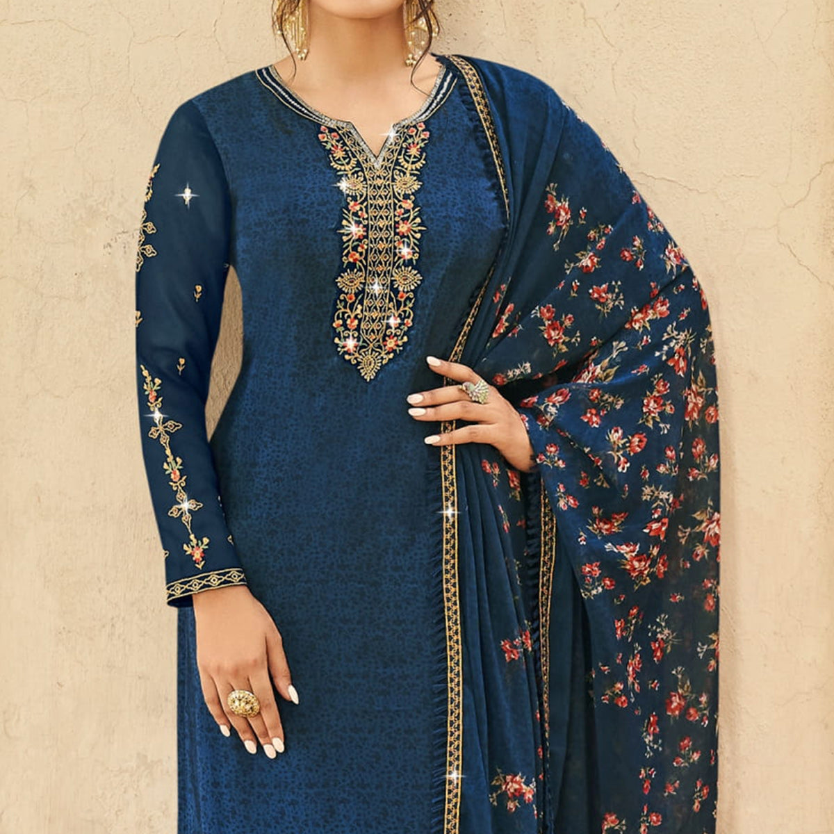 Navy Blue Floral Embroidered Crepe Patiala Suit