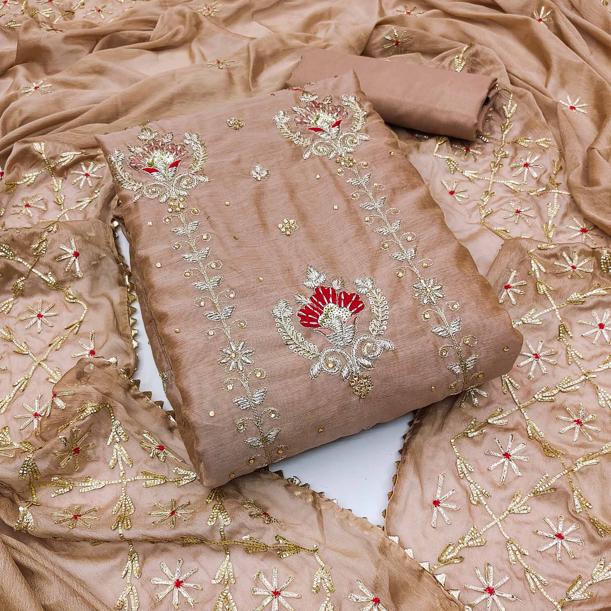 Brown Sequins Embroidered Modal Dress Material