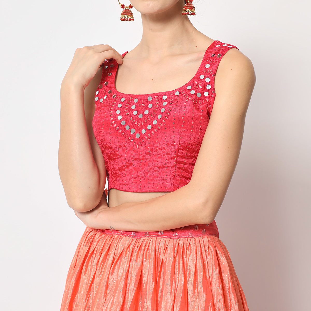 Peach & Pink Foil Printed Chiffon Lehenga Choli