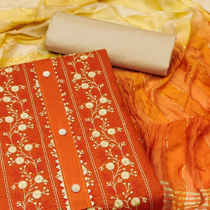 Orange Floral Embroidered Cotton Blend Dress Material