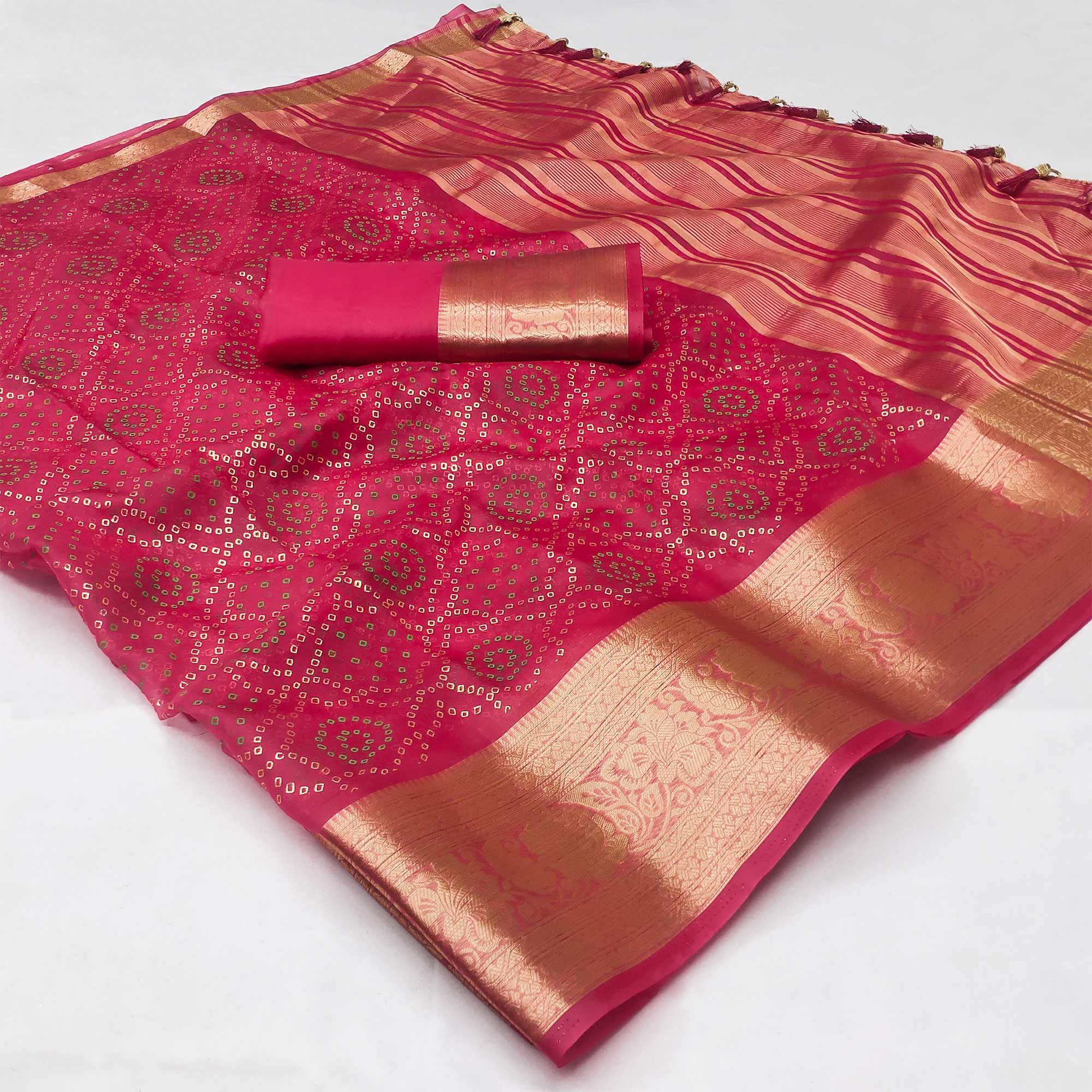 Pink Bandhani Printed Organza Saree With Tassels