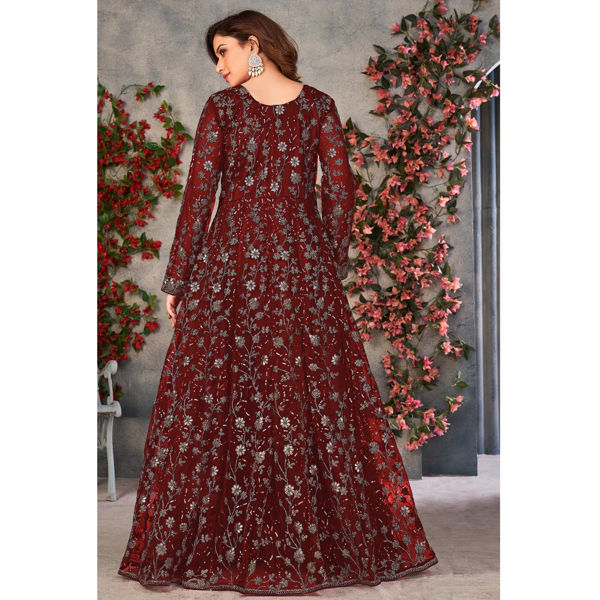 Maroon Zardosi Work Netted Gown