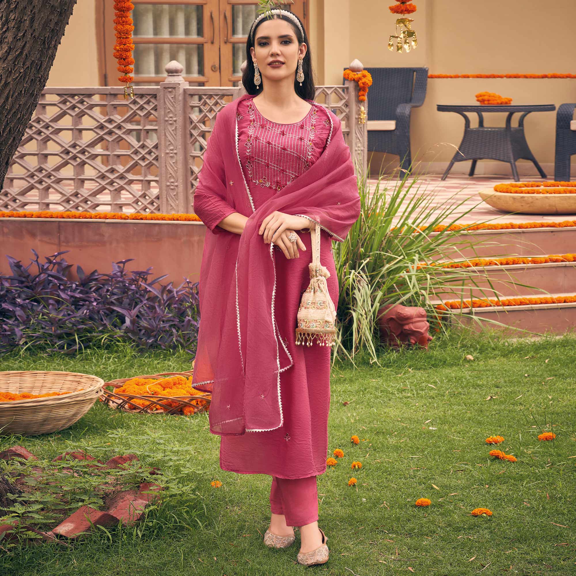 Pink Embellished Viscose Salwar Suit