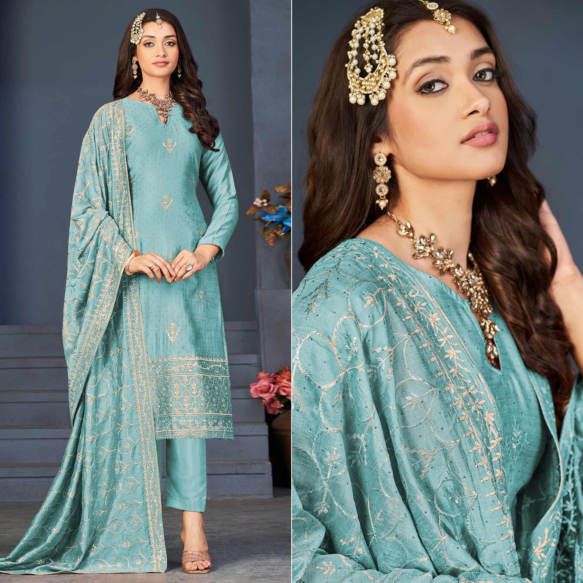 Sky Blue Sequins Embroidered Dola Silk Suit