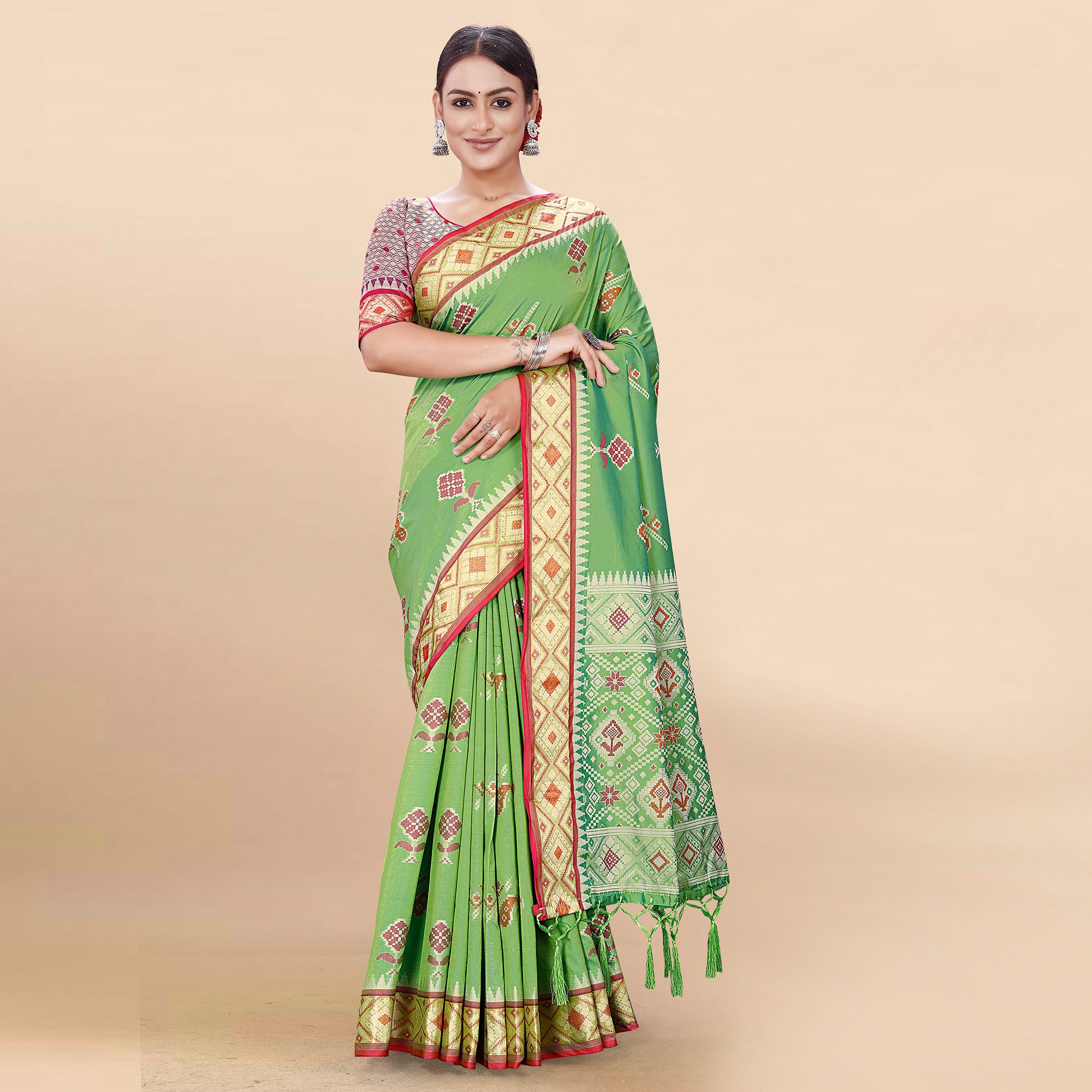 Green Woven Patola Art Silk Saree With Tassels
