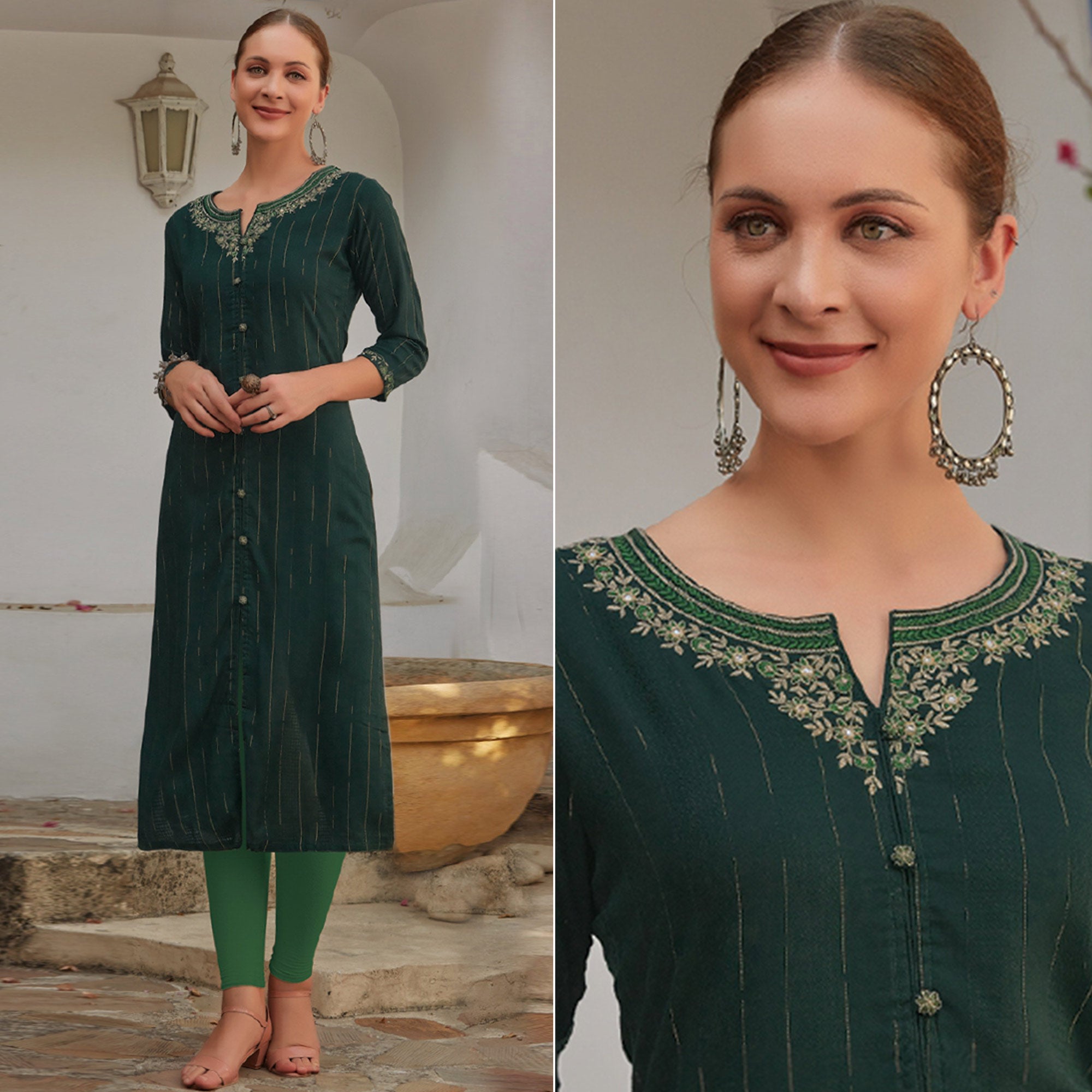 Dark Green Floral Embroidered Cotton Blend Kurti