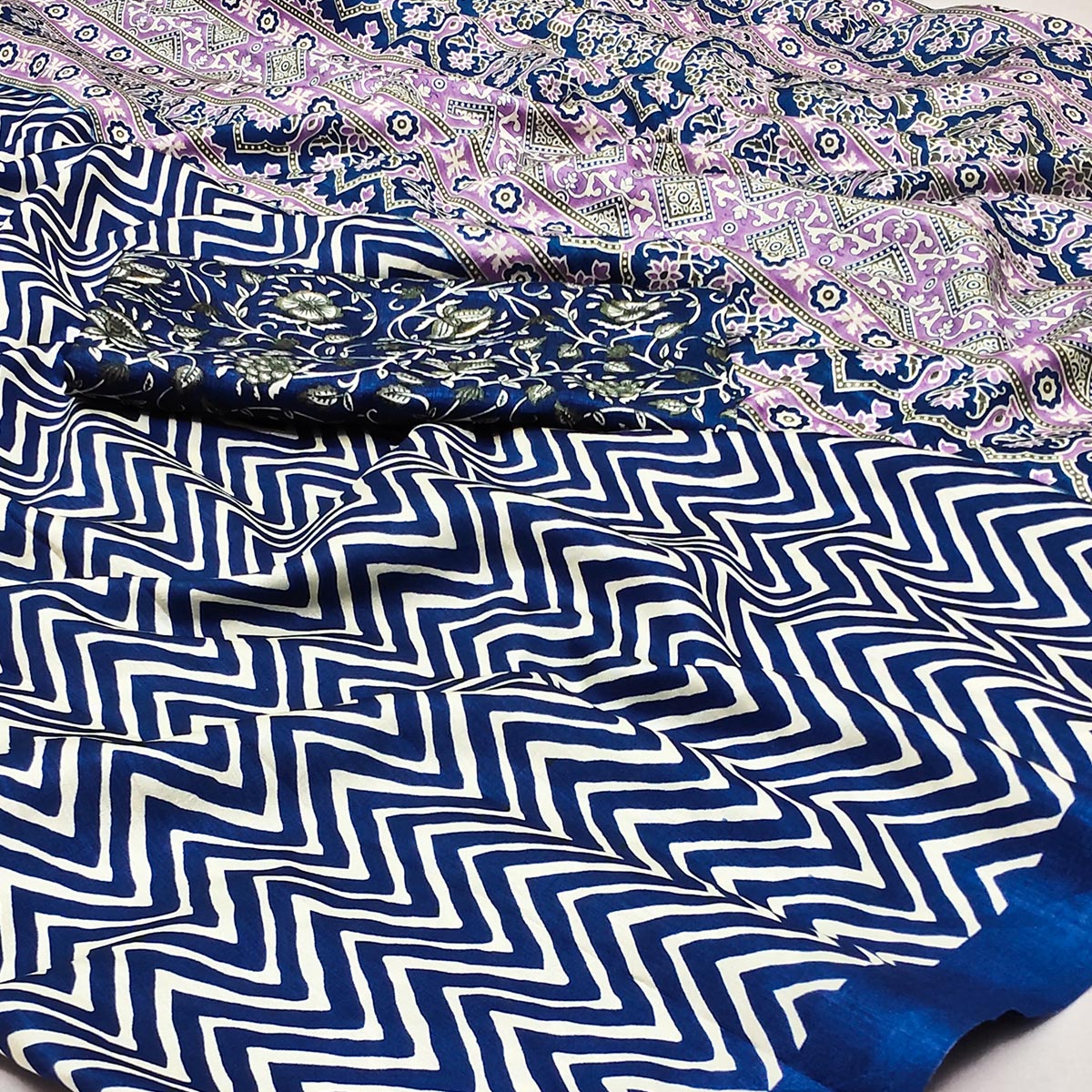Blue Striped Printed Art Silk Saree