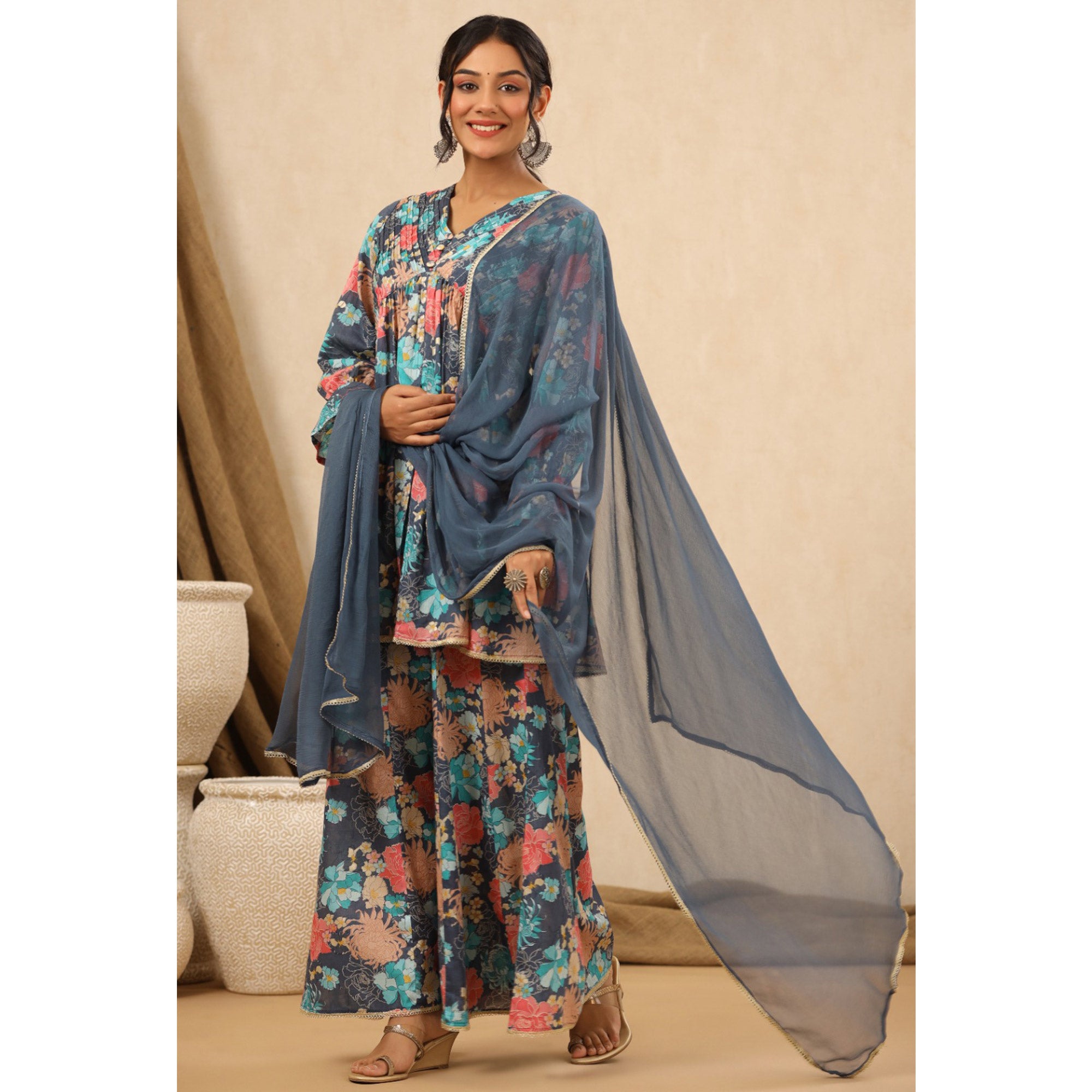 Grey Floral Printed Muslin Sharara Suit